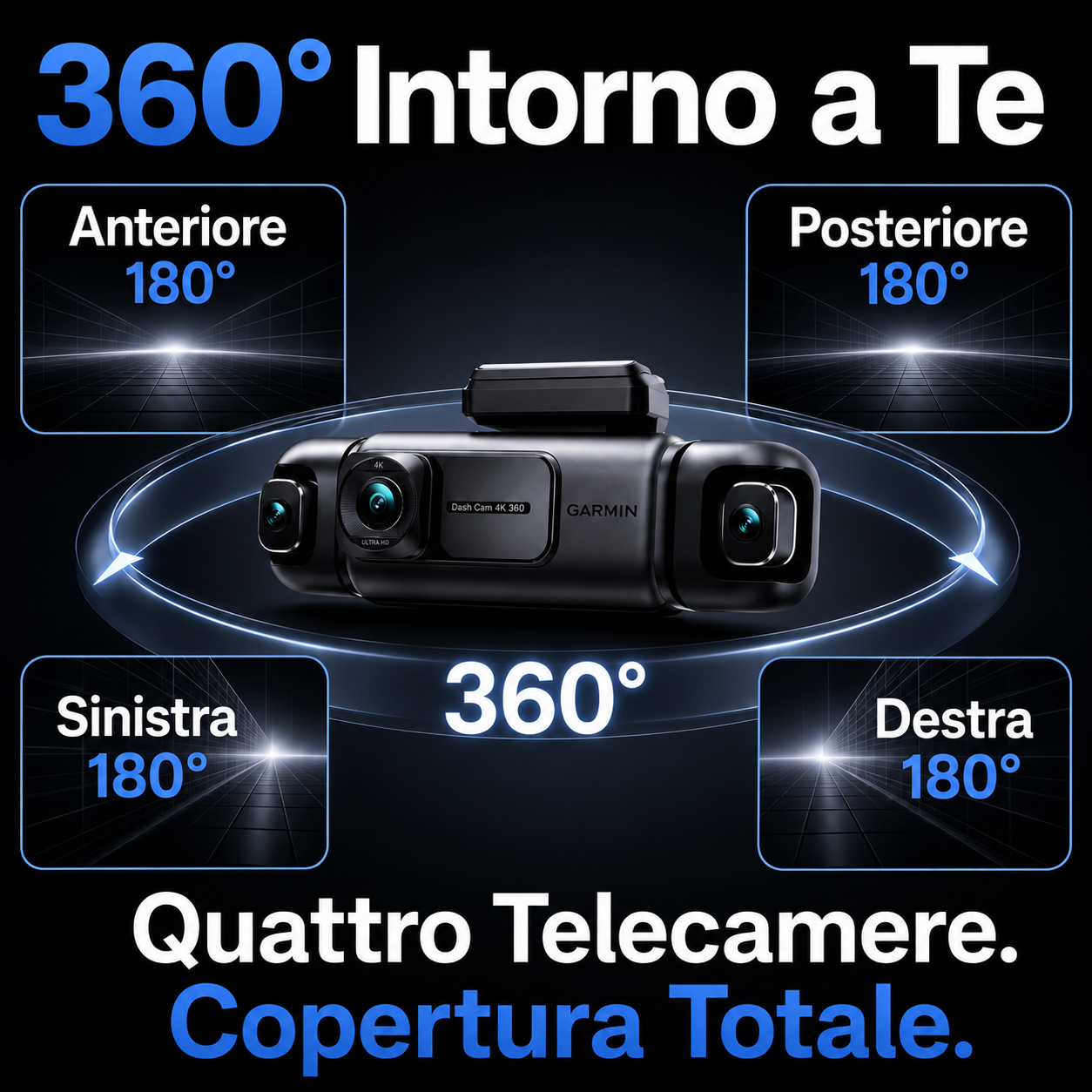 Garmin G980: Dash cam con intelligenza artificiale e controllo vocale, dotata di quattro telecamere, visuale panoramica a 360°, visione notturna 4K Ultra HD e tracciamento GPS.