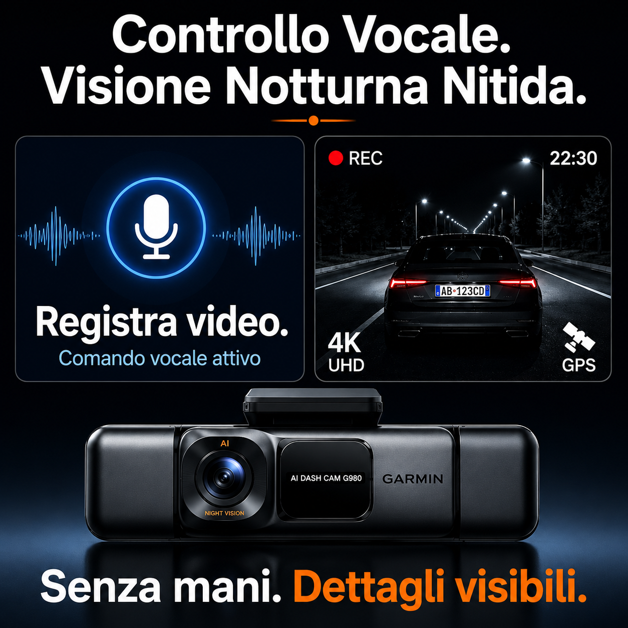 Garmin G980: Dash cam con intelligenza artificiale e controllo vocale, dotata di quattro telecamere, visuale panoramica a 360°, visione notturna 4K Ultra HD e tracciamento GPS.