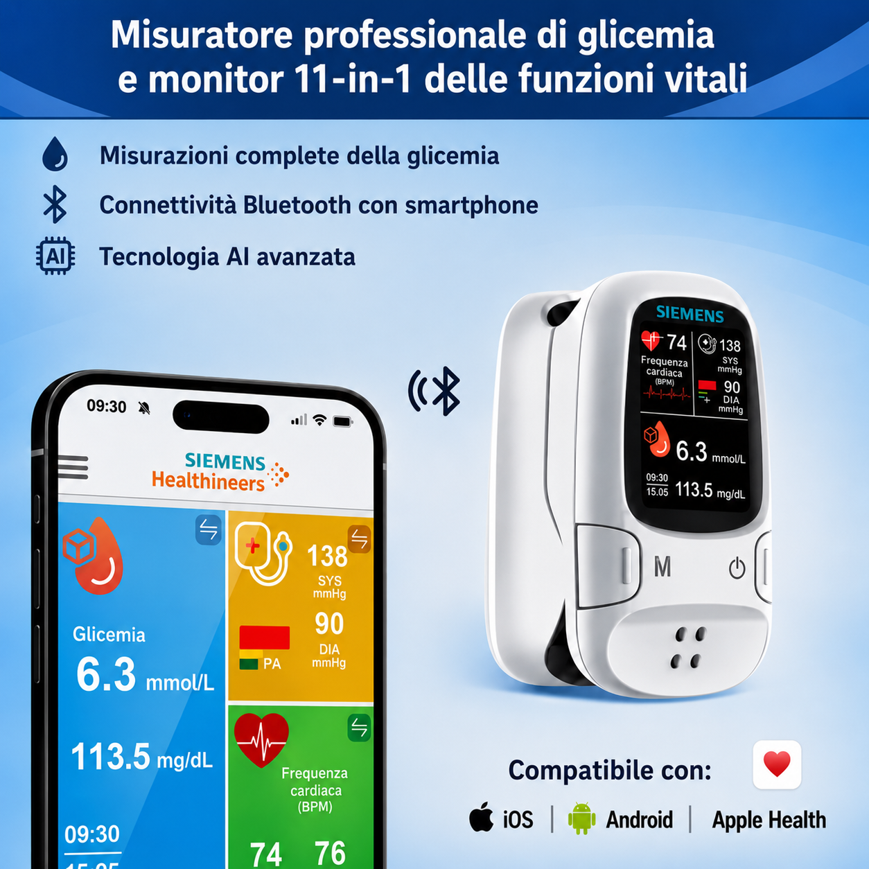 📊 Misuratore di glicemia senza ago Siemens™ 11 in 1 Non è necessario pungere • Non sono necessarie strisce reattive • Risultati in soli 5 secondi