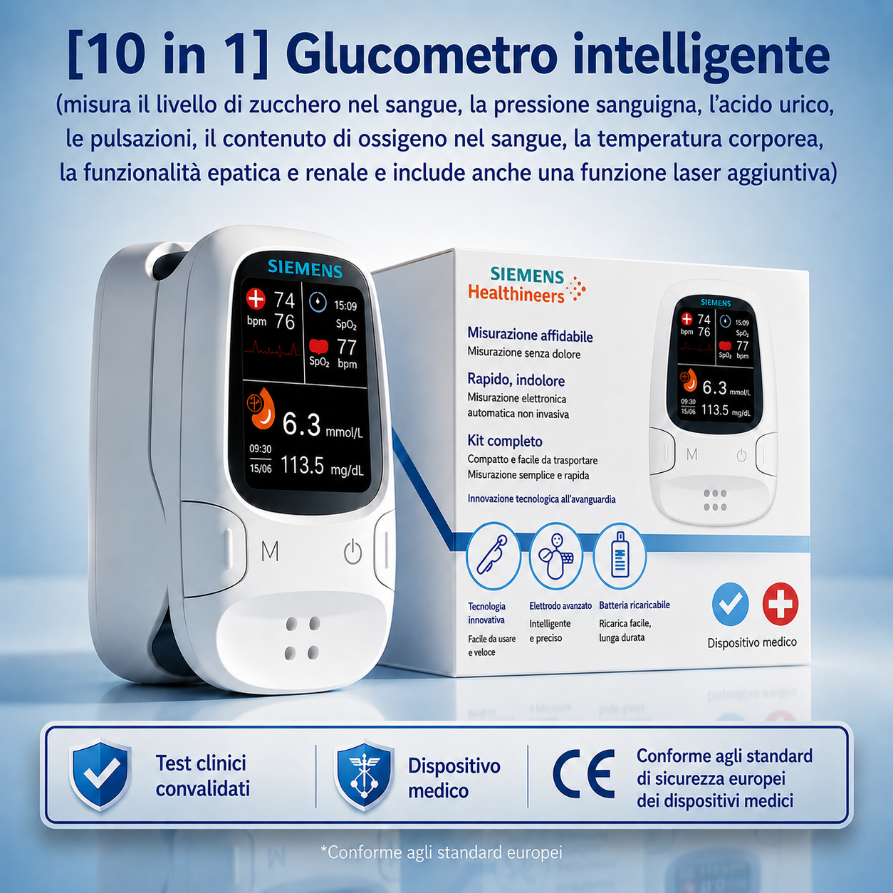 📊 Misuratore di glicemia senza ago Siemens™ 11 in 1 Non è necessario pungere • Non sono necessarie strisce reattive • Risultati in soli 5 secondi