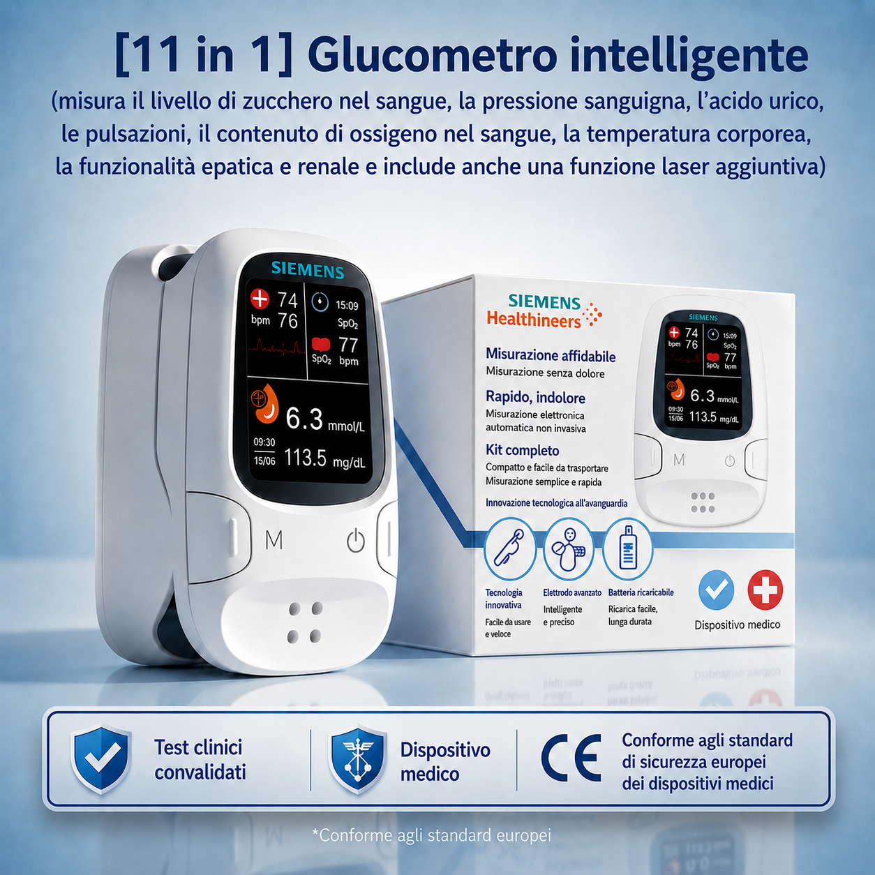 📊 Misuratore di glicemia senza ago Siemens™ 11 in 1 Non è necessario pungere • Non sono necessarie strisce reattive • Risultati in soli 5 secondi