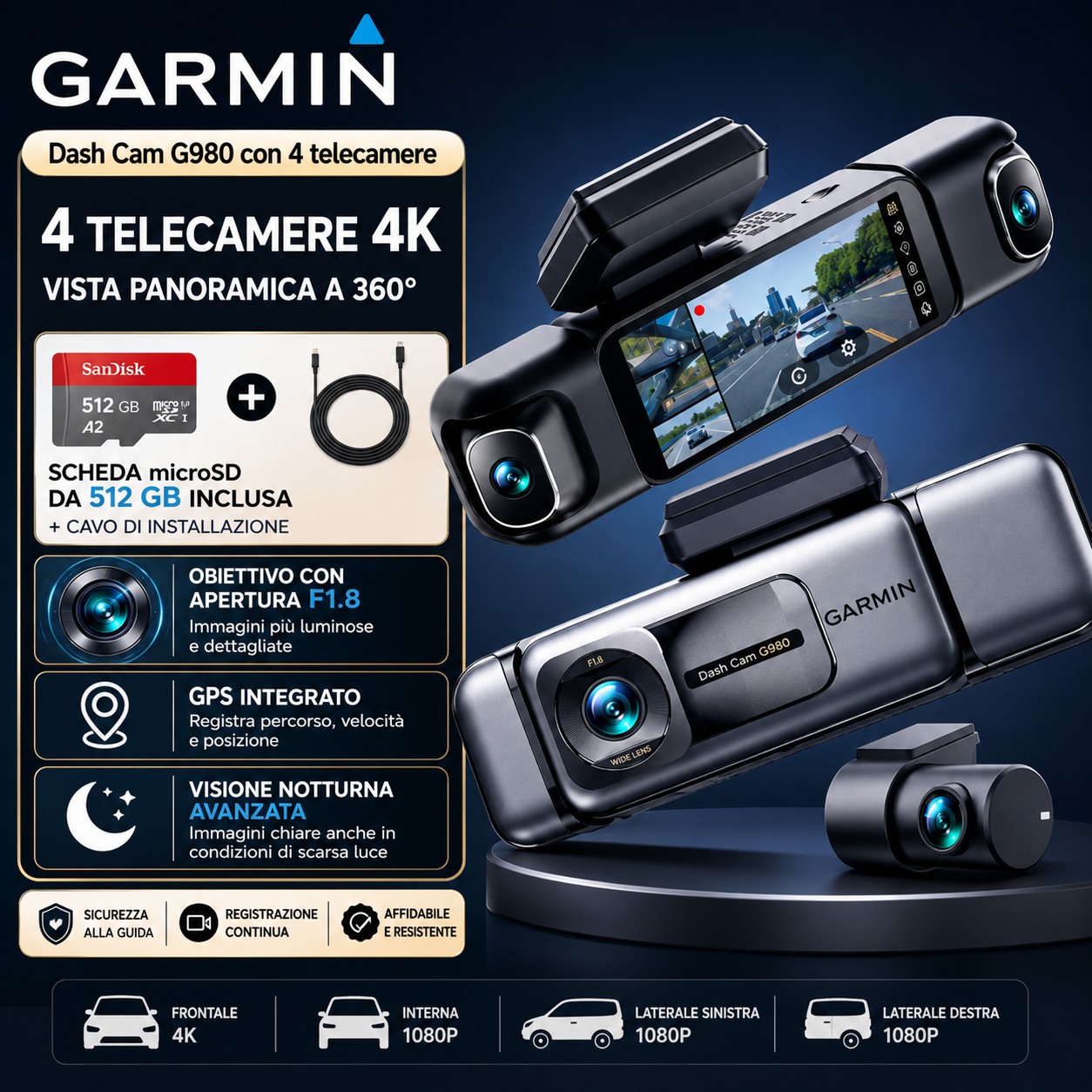 Garmin G980: Dash cam con intelligenza artificiale e controllo vocale, dotata di quattro telecamere, visuale panoramica a 360°, visione notturna 4K Ultra HD e tracciamento GPS.