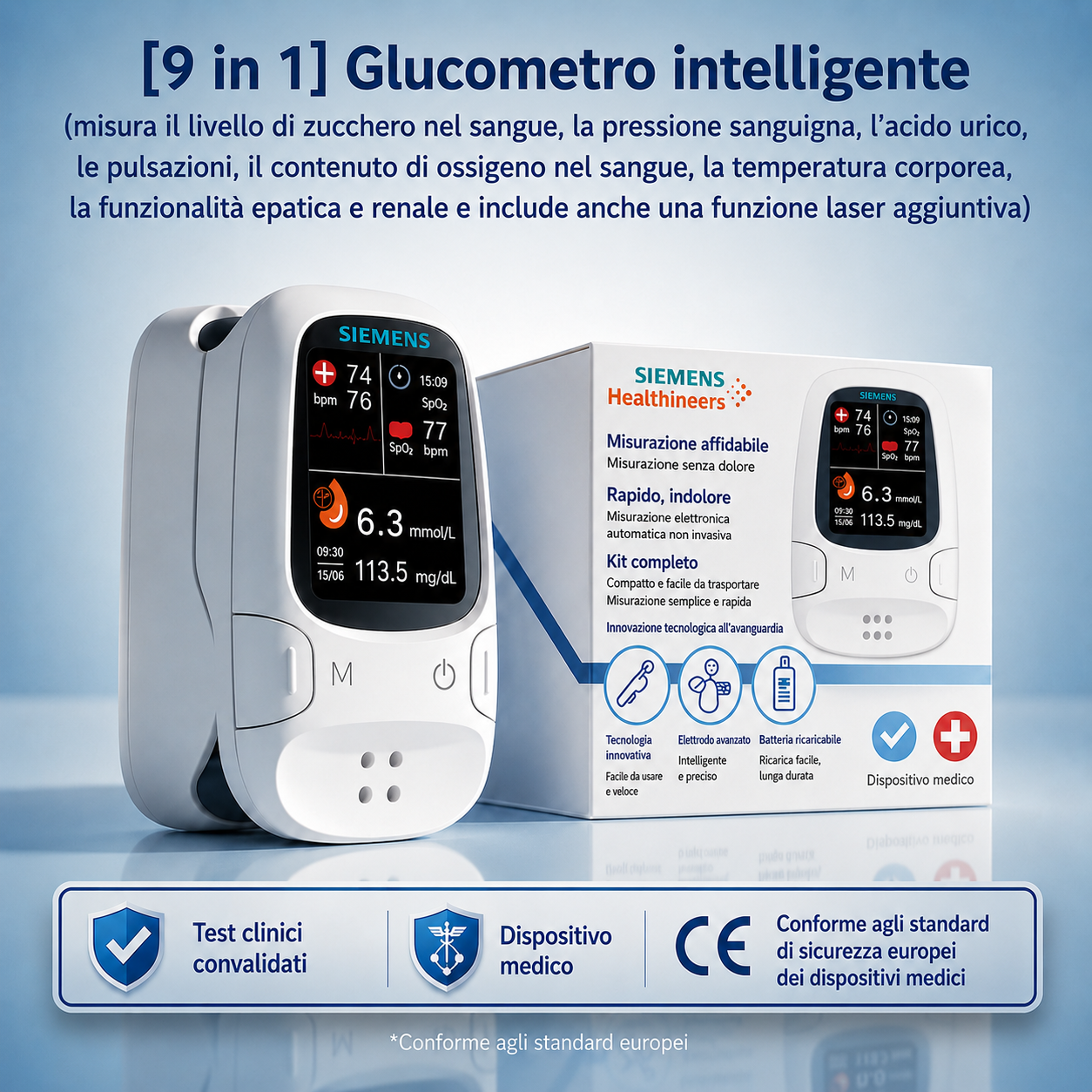 📊 Misuratore di glicemia senza ago Siemens™ 11 in 1 Non è necessario pungere • Non sono necessarie strisce reattive • Risultati in soli 5 secondi