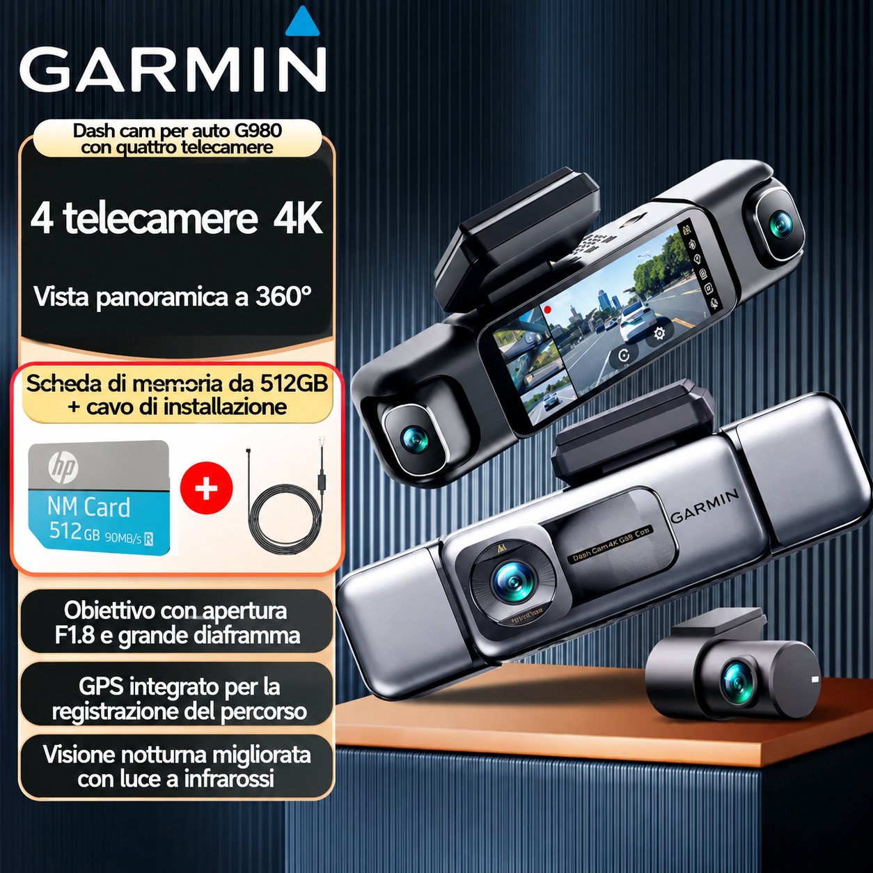 Garmin G980: Dash cam con intelligenza artificiale e controllo vocale, dotata di quattro telecamere, visuale panoramica a 360°, visione notturna 4K Ultra HD e tracciamento GPS.