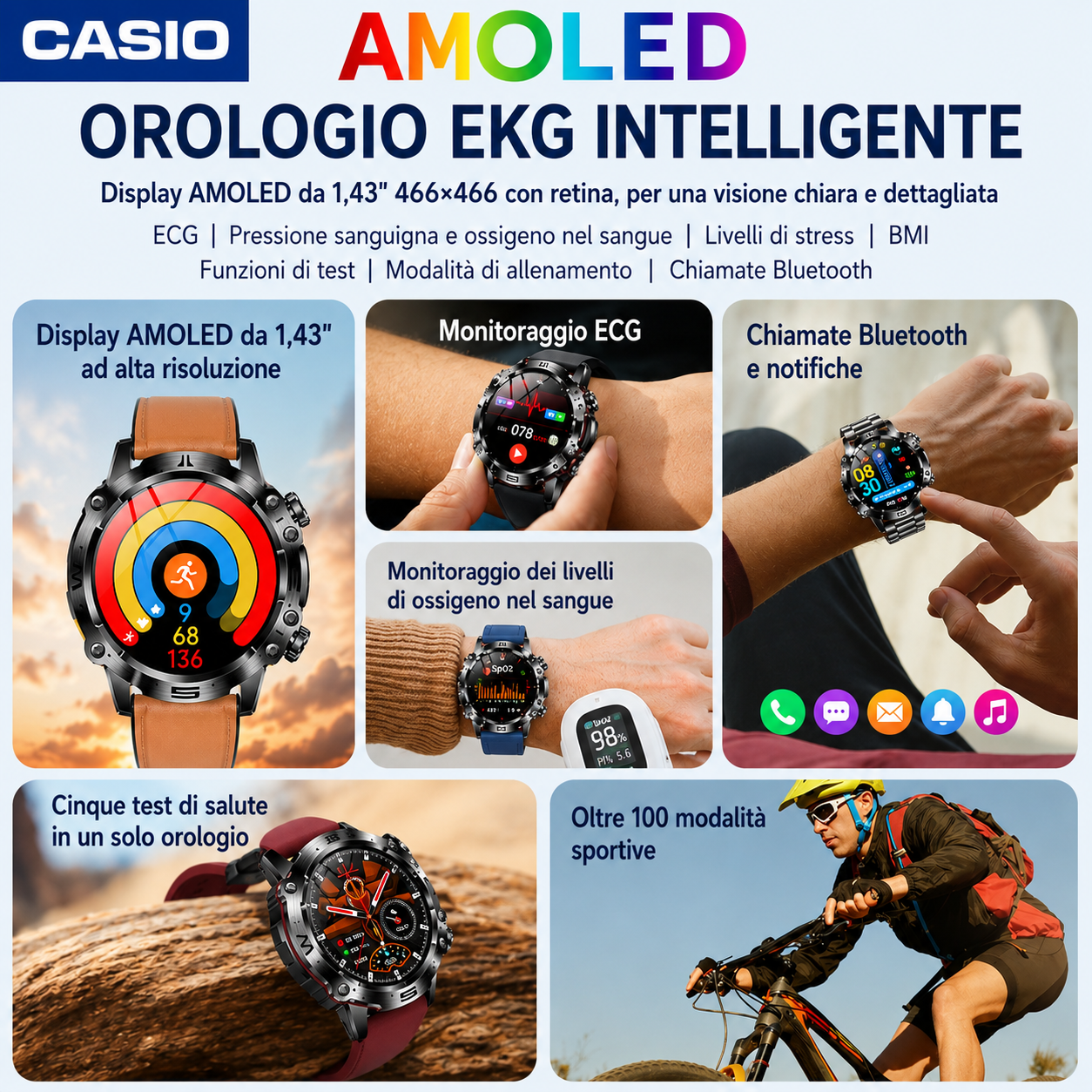 CASIO Smartwatch AMOLED – Monitoraggio della glicemia, chiamate Bluetooth, oltre 100 modalità sportive