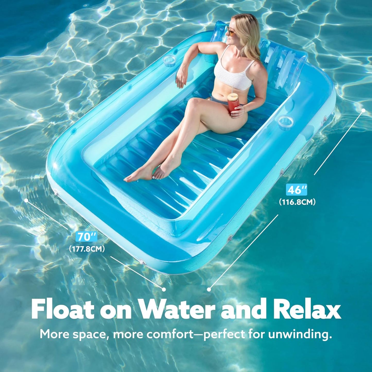 Inflatable Tanning Pool Lounger Float, 70" x 46" Pool Floats Adult with Pillow