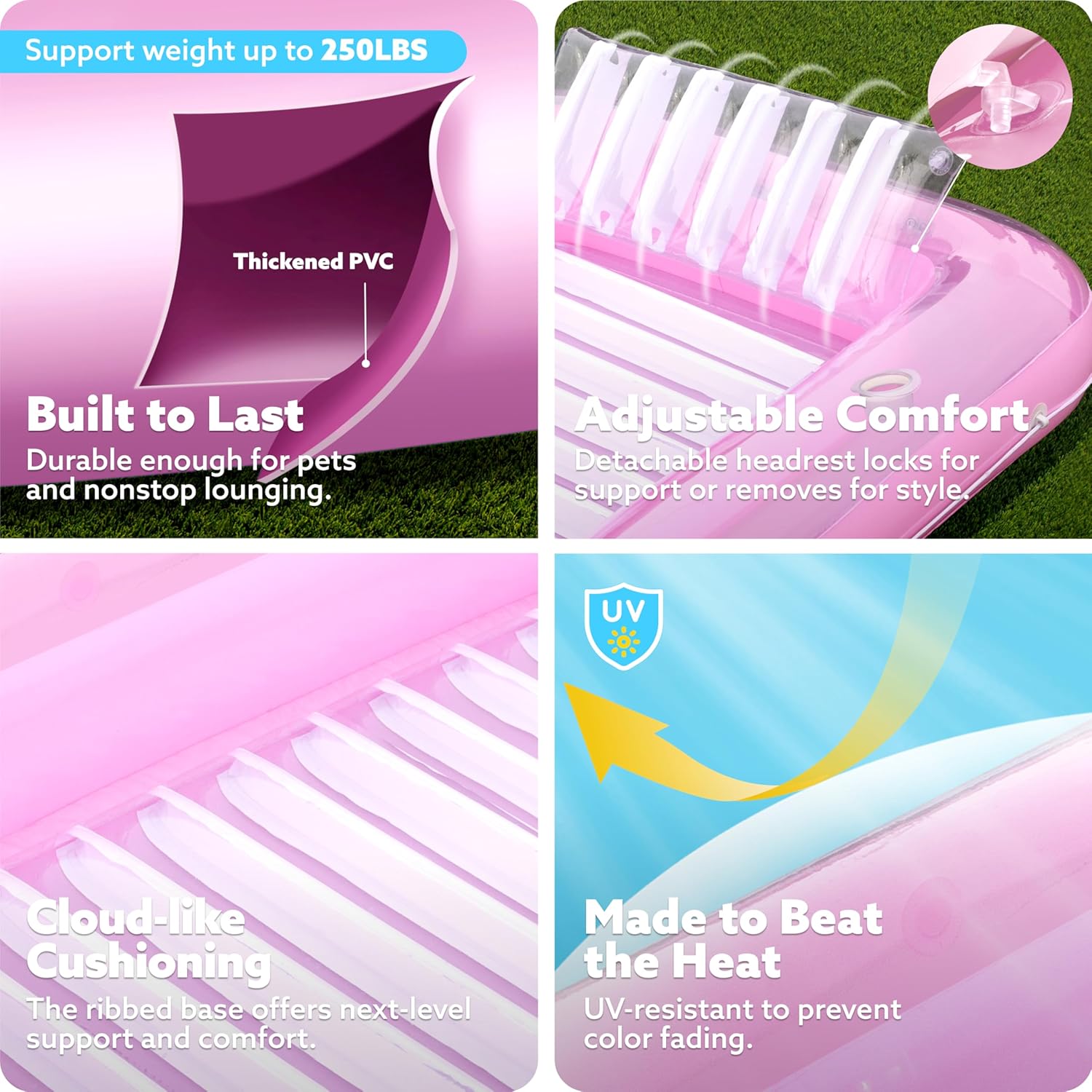 Inflatable Tanning Pool Lounger Float, 70" x 46" Pool Floats Adult with Pillow