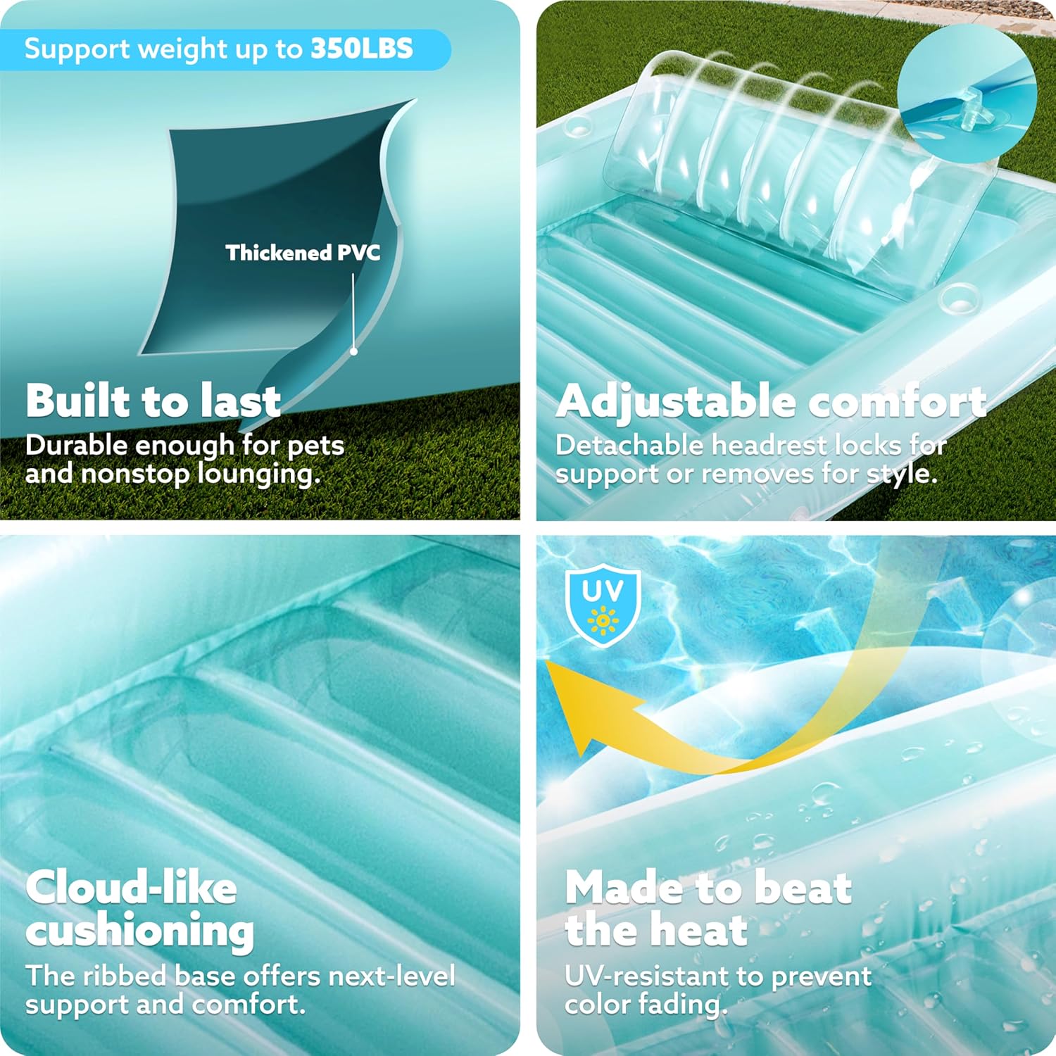 Inflatable Tanning Pool Lounger Float, 70" x 46" Pool Floats Adult with Pillow