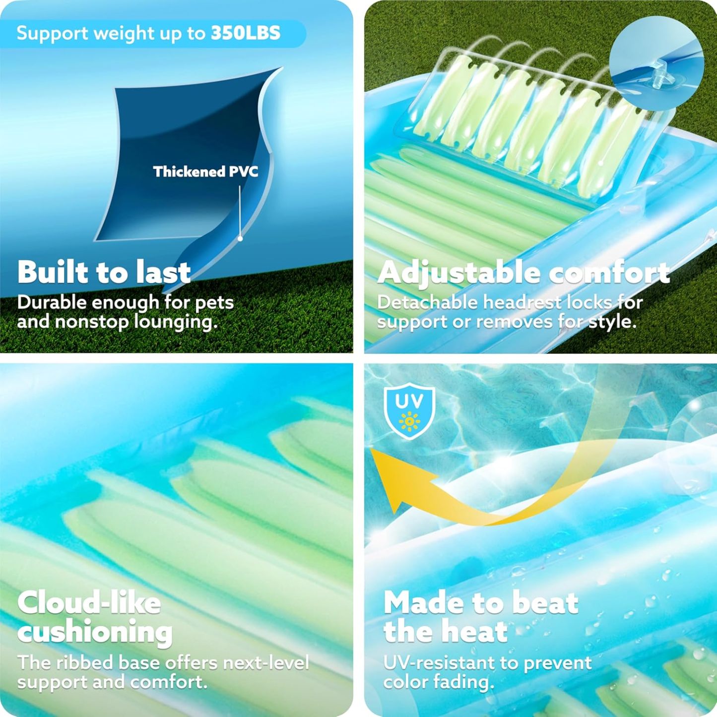 Inflatable Tanning Pool Lounger Float, 70" x 46" Pool Floats Adult with Pillow