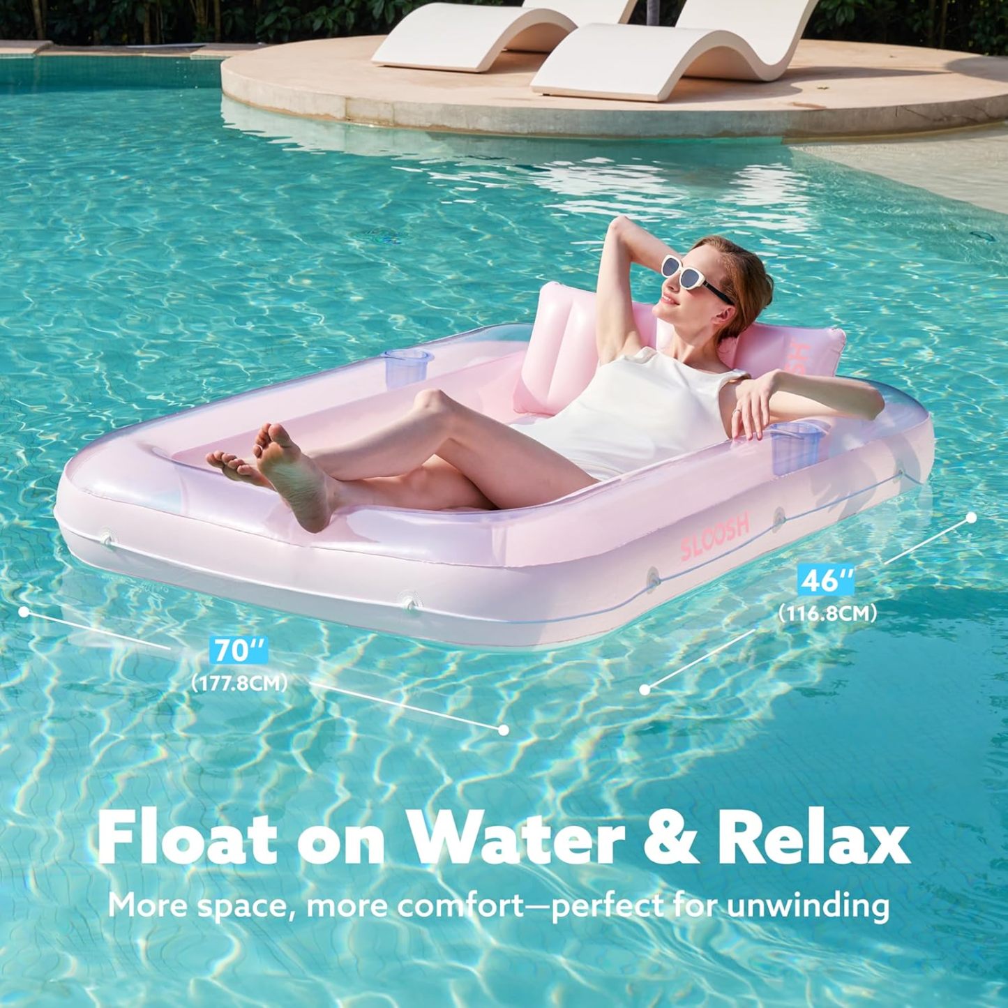 Inflatable Tanning Pool Lounger Float, 70" x 46" Pool Floats Adult with Pillow