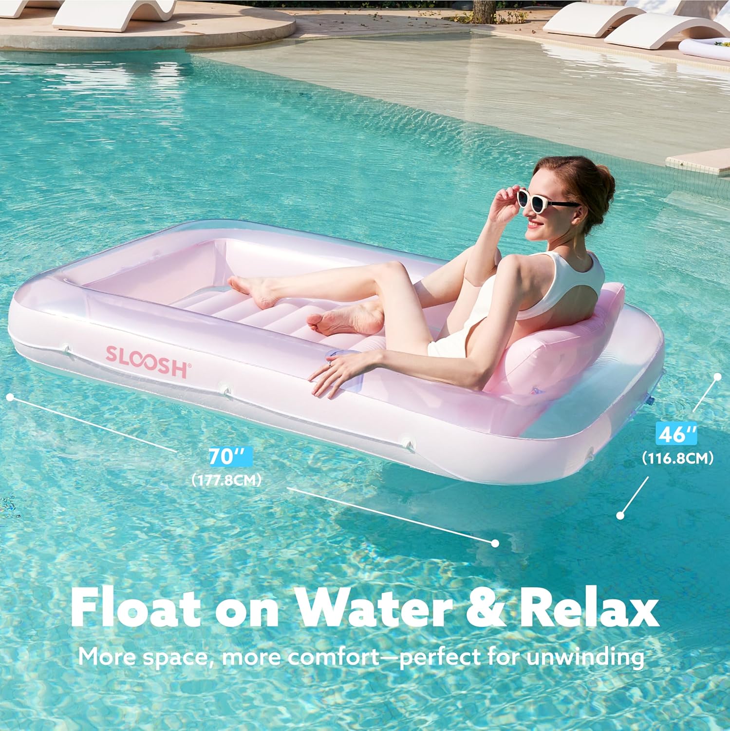 Inflatable Tanning Pool Lounger Float, 70" x 46" Pool Floats Adult with Pillow