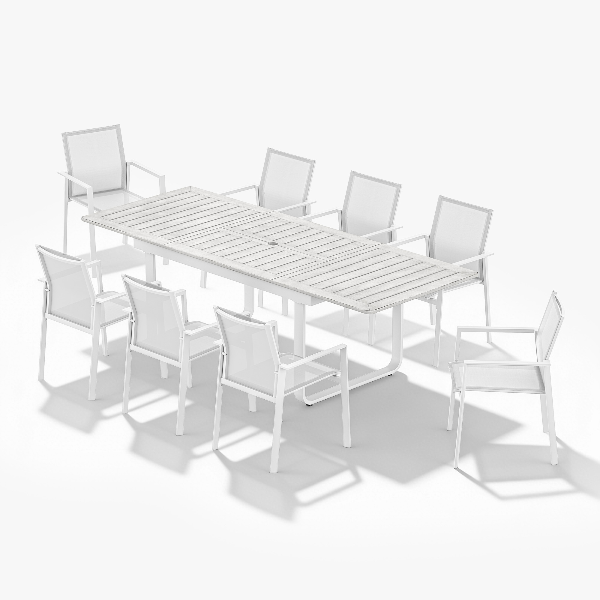 White extendable outdoor dining table with eight matching chairs on a white background -Seehill