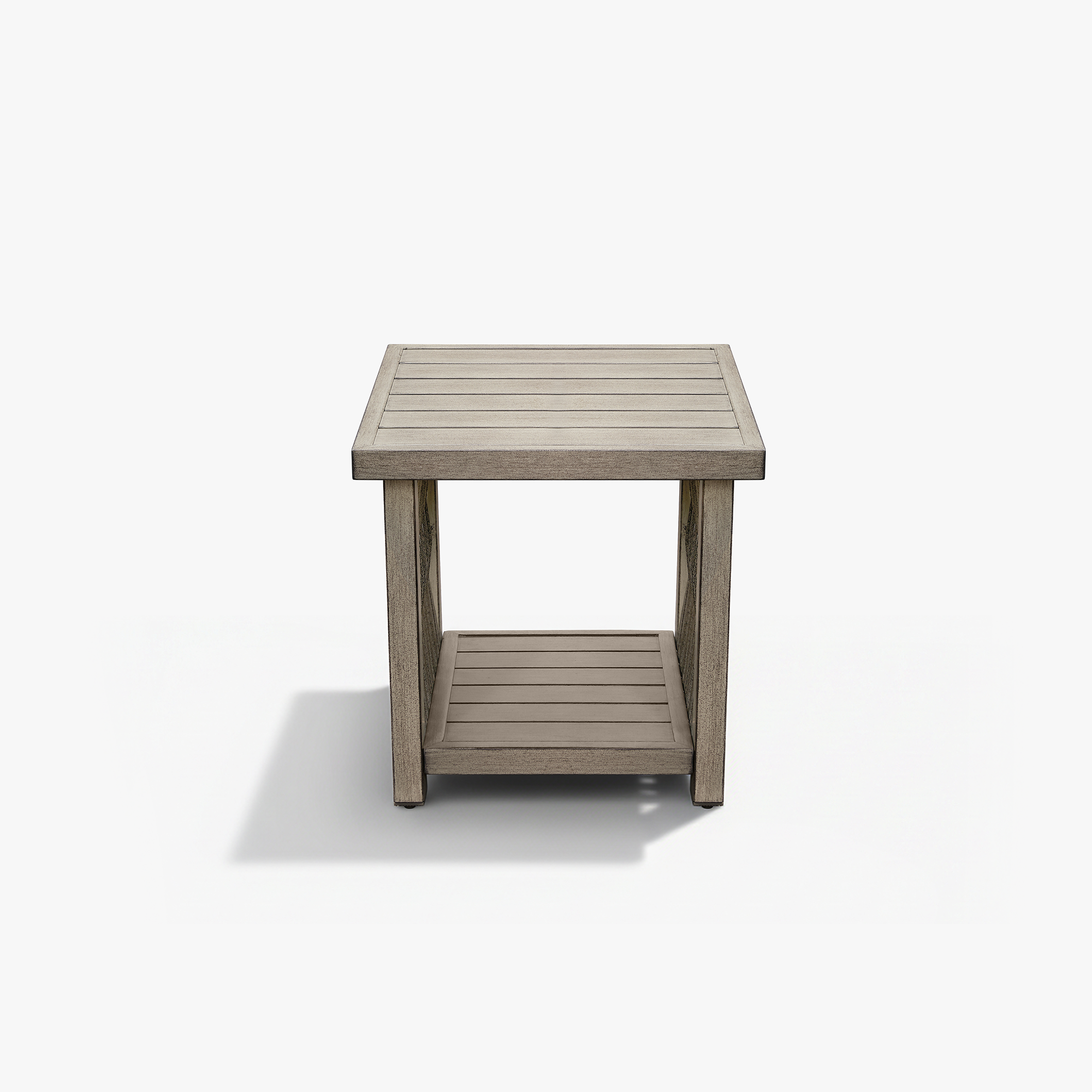 This is a sophisticated outdoor patio side table with aluminum frame, tiered rope weave design, and adjustable legs. - Seehill