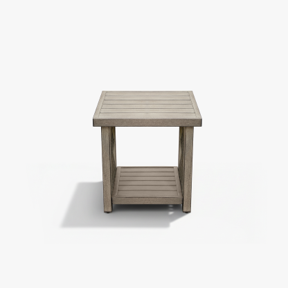 Weathered gray slatted outdoor side table with lower shelf - Seehill