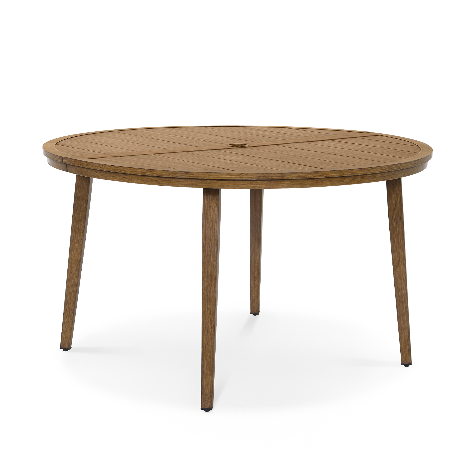 Opal Round aluminum patio dining table with wood finish and umbrella hole on white-Seehill