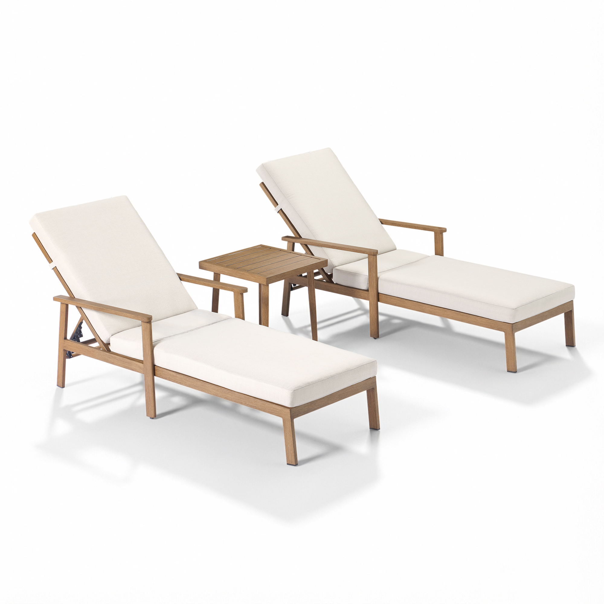 Two adjustable outdoor lounge chairs with thick cushions and a square side table-Seehill