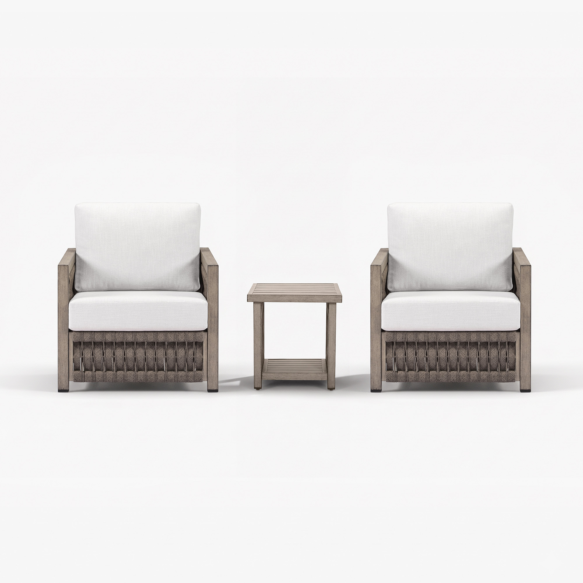The modern outdoor armchairs with white cushions and wooden side table highlight the refined Outdoor Patio setting. - Seehill