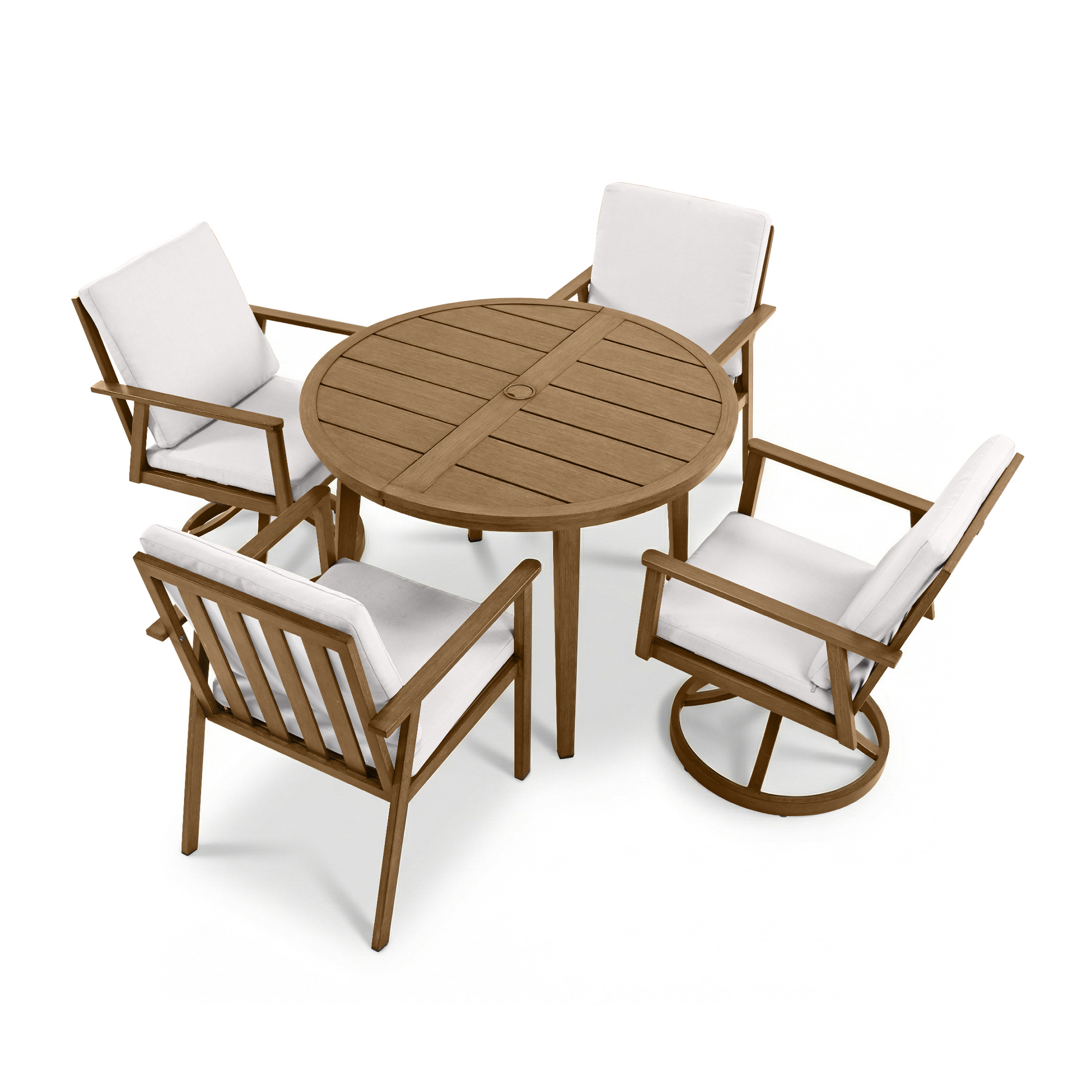 Round wooden patio dining table with four cushioned armchairs in light fabric-Seehill