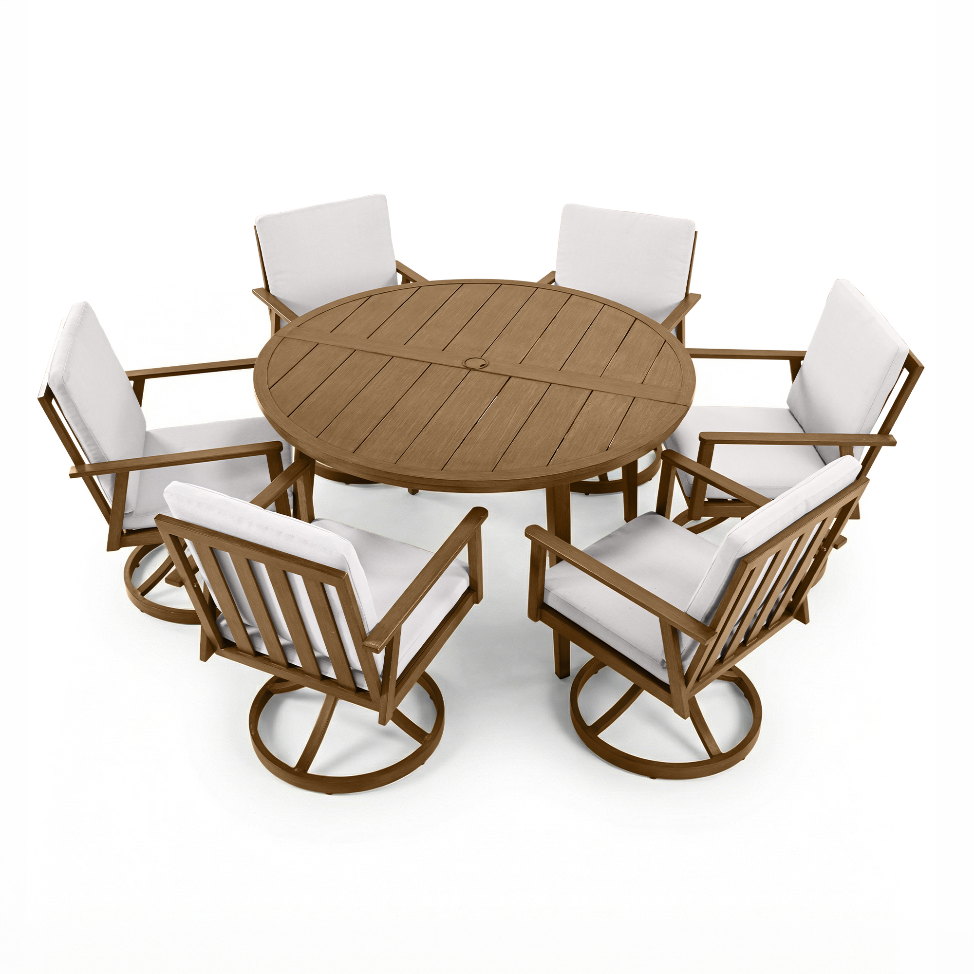Seven-piece round patio dining set with cushioned swivel chairs and aluminum frame-Seehill