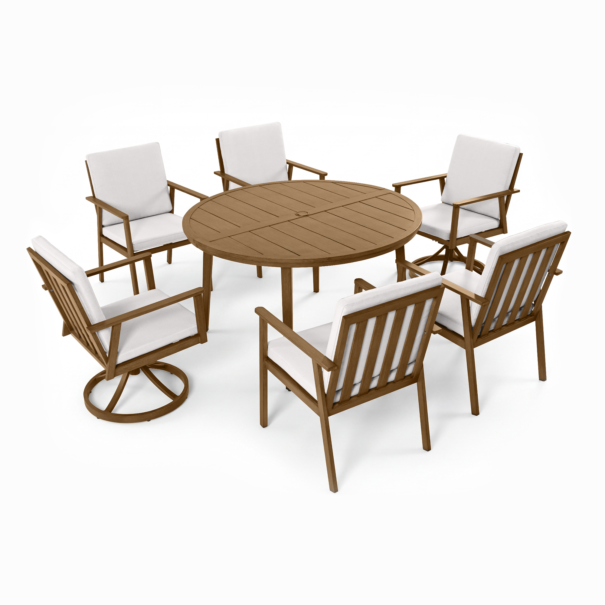 Seven-piece round patio dining set with cushioned armchairs in wood finish-Seehill