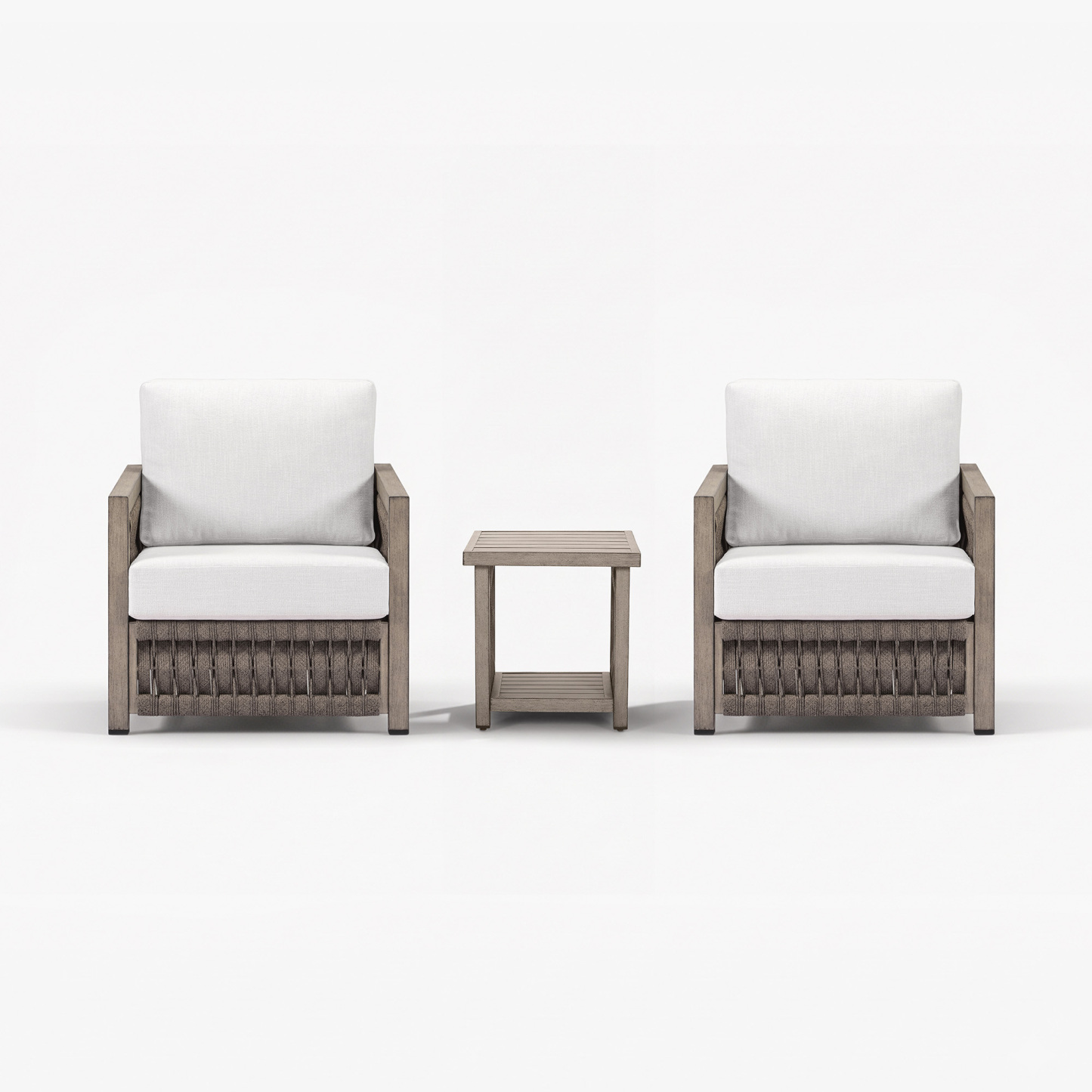 Modern outdoor armchairs with white cushions and wooden side table - Seehill
