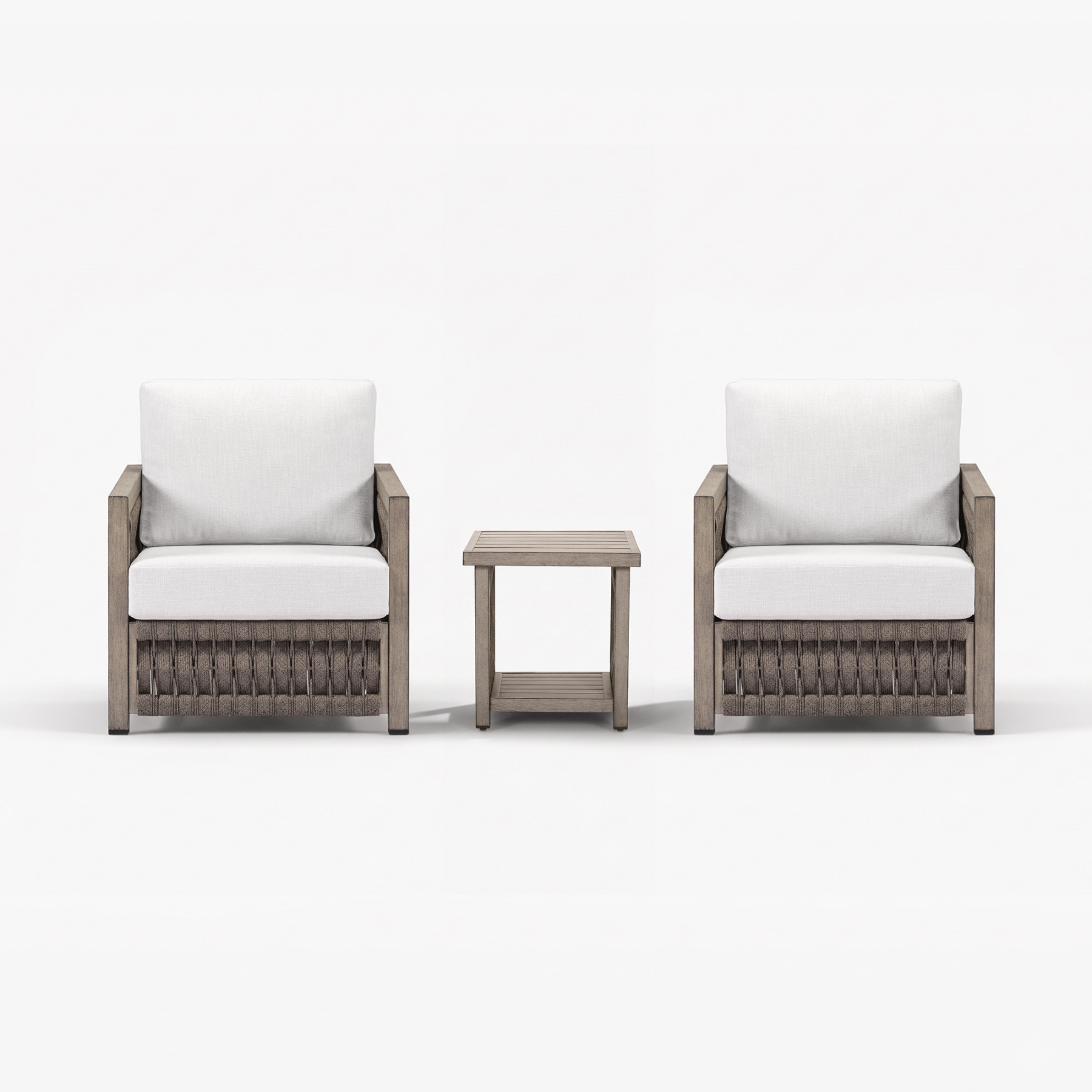 Modern outdoor armchairs with white cushions and wooden side table - Seehill