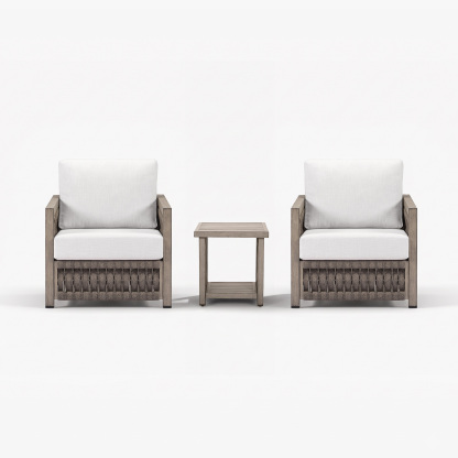 Modern outdoor armchairs with white cushions and wooden side table - Seehill