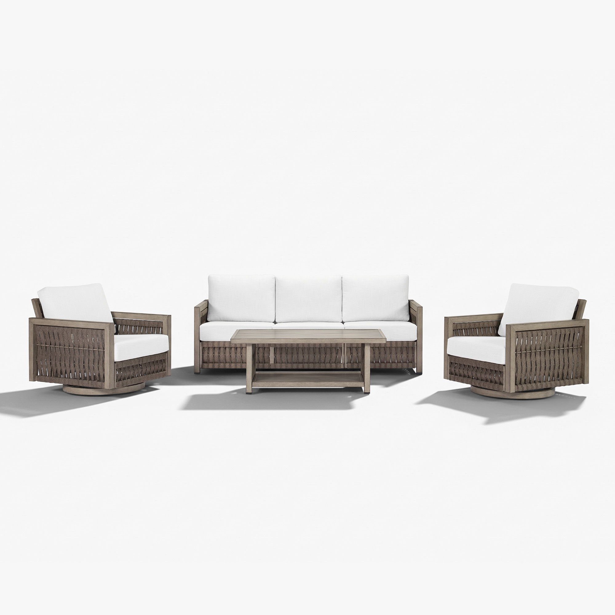 This Outdoor Patio Conversation Set features an Aluminum Frame, Rope Weave Sofa, and Coffee Table. - Seehill