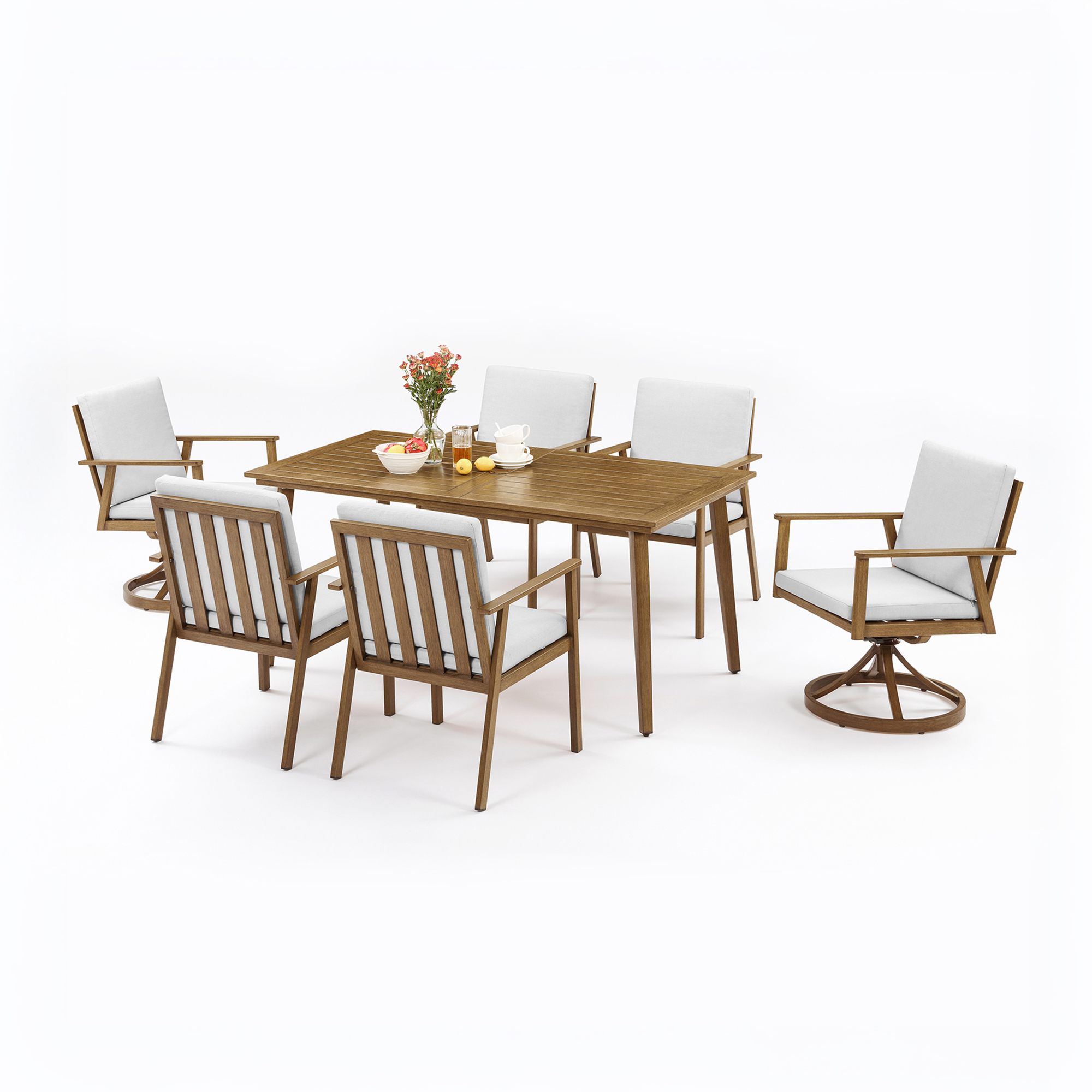 7-Piece Aluminum Outdoor Patio Dining Set All-Weather Umbrella Hole 2 Swivel Chairs 4 Dining Chairs-DS005-3