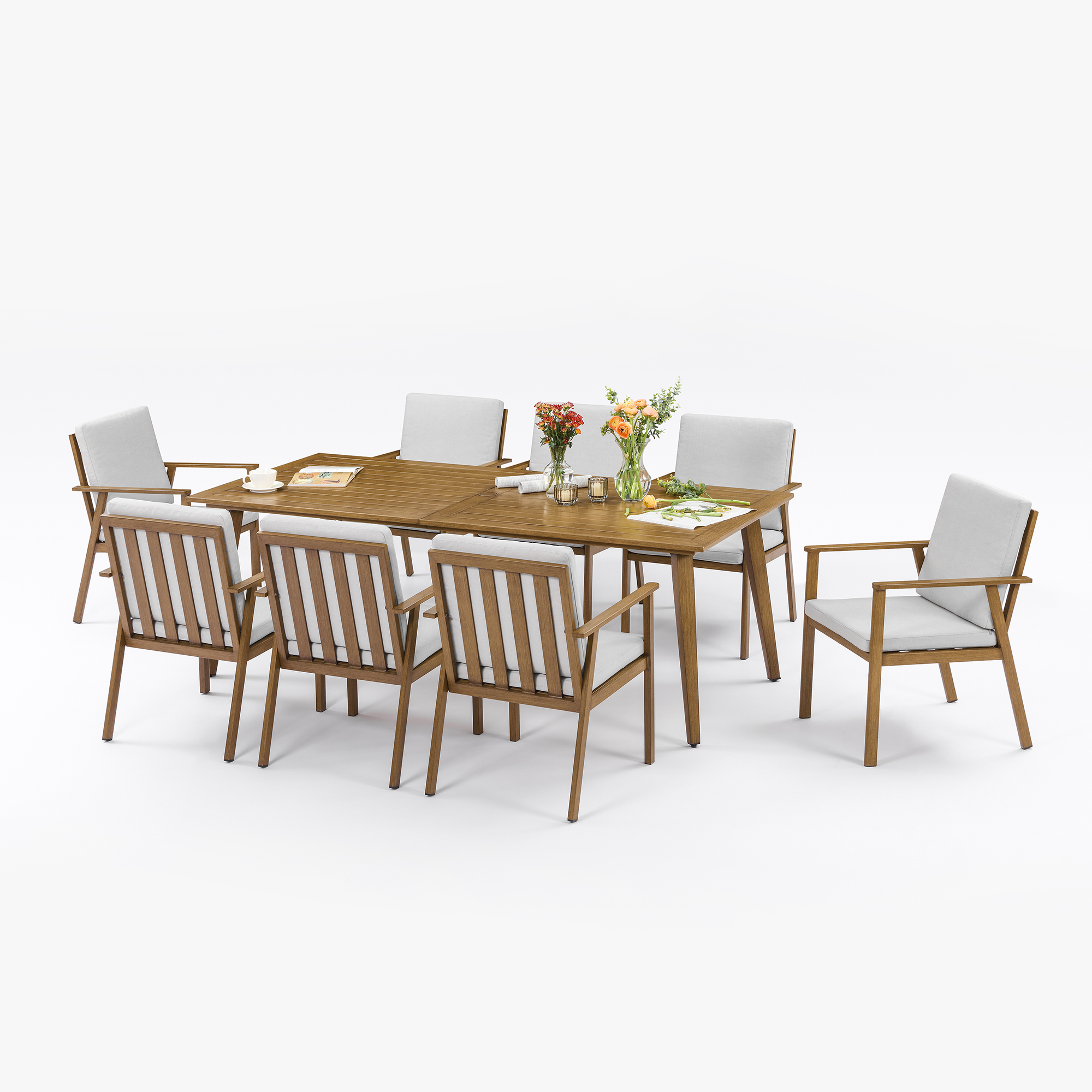 Modern wooden outdoor dining set with 6 chairs and table - Seehill