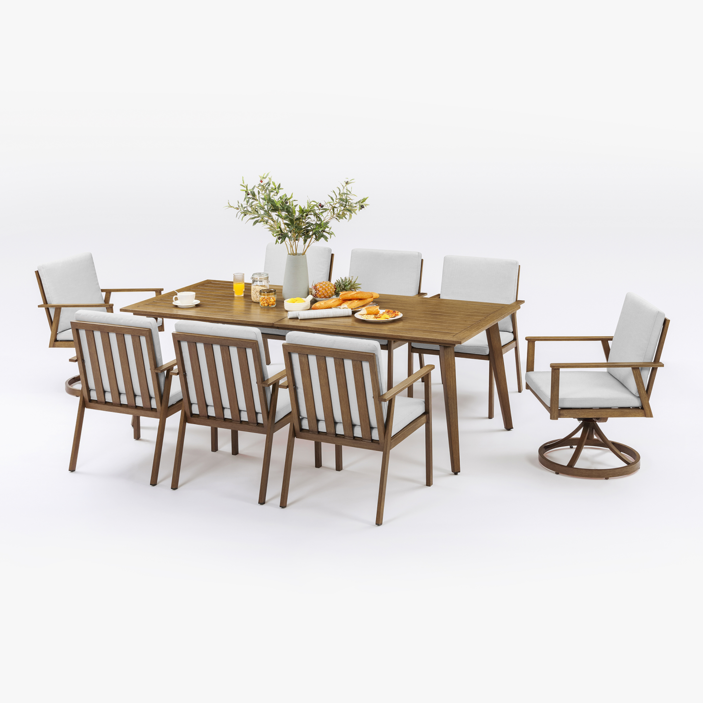 Modern wooden outdoor dining set with cushioned chairs and table - Seehill