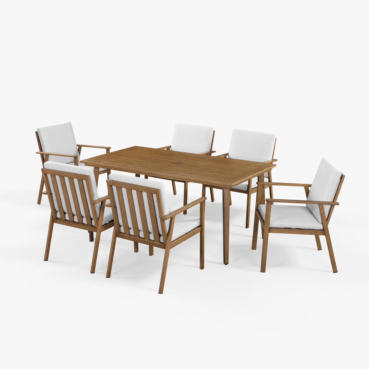 Teak outdoor dining set with 6 chairs, light gray cushions - Seehill