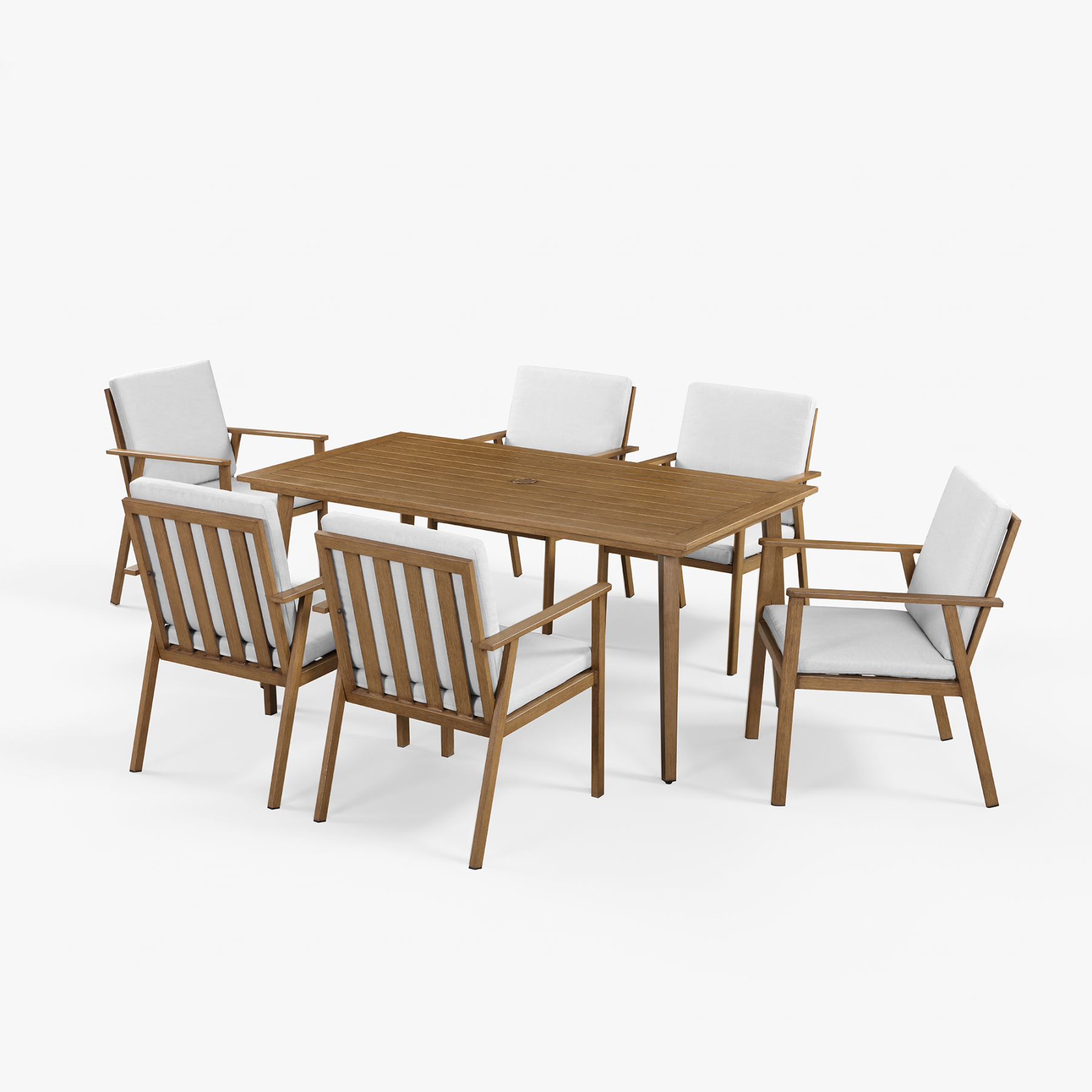 Teak outdoor dining set with 6 chairs, light gray cushions - Seehill