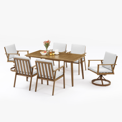 Modern 7-piece outdoor dining set with teak wood finish, white cushions - Seehill