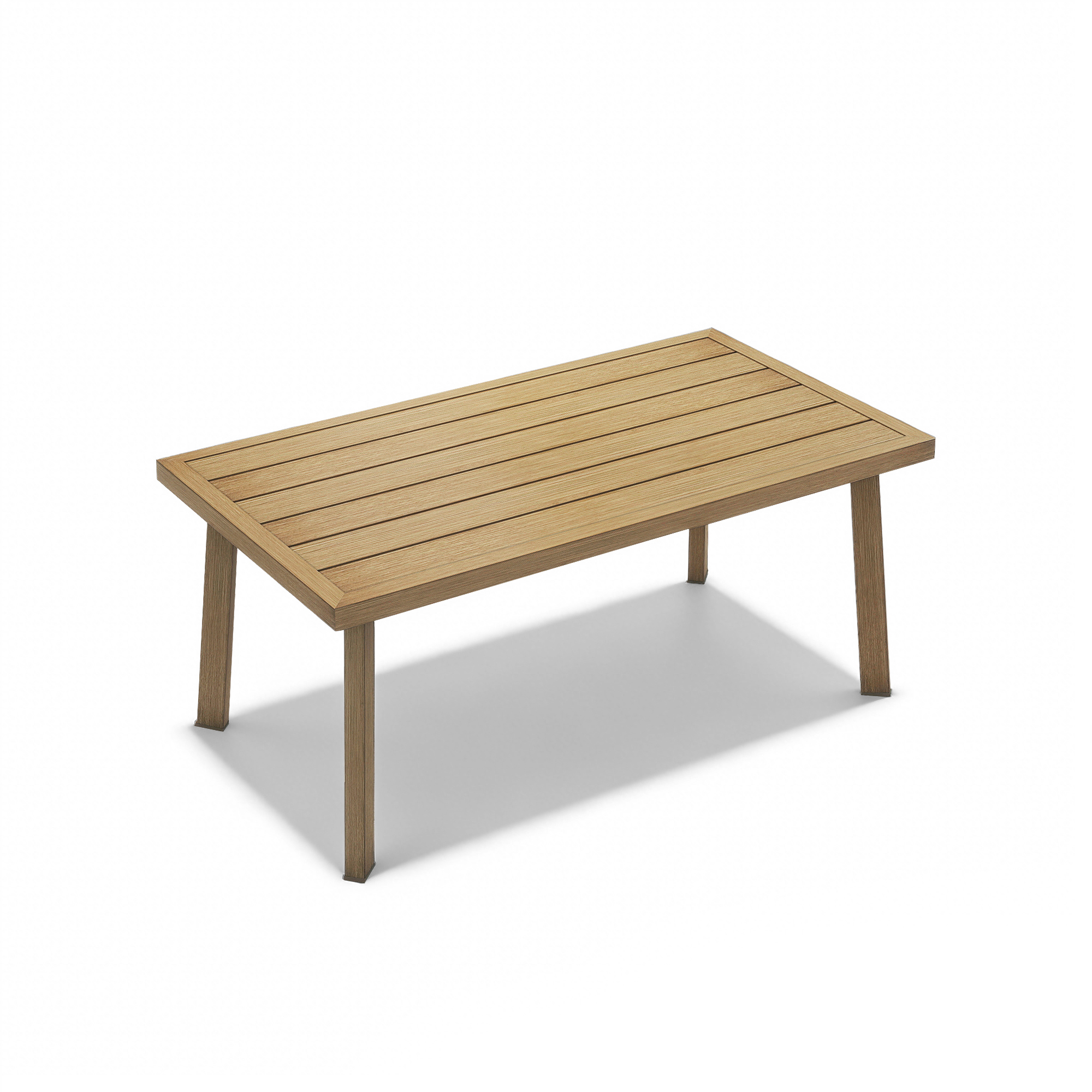 Rectangular patio coffee table with wood grain texture and four sturdy legs on white-Seehill