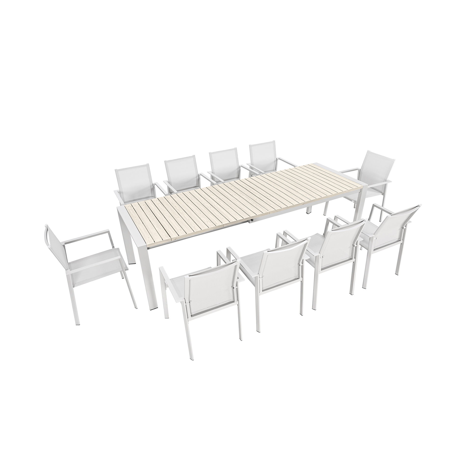 Explore the modern piece outdoor dining set with white aluminum frame of the exclusive piece outdoor collection. - Seehill