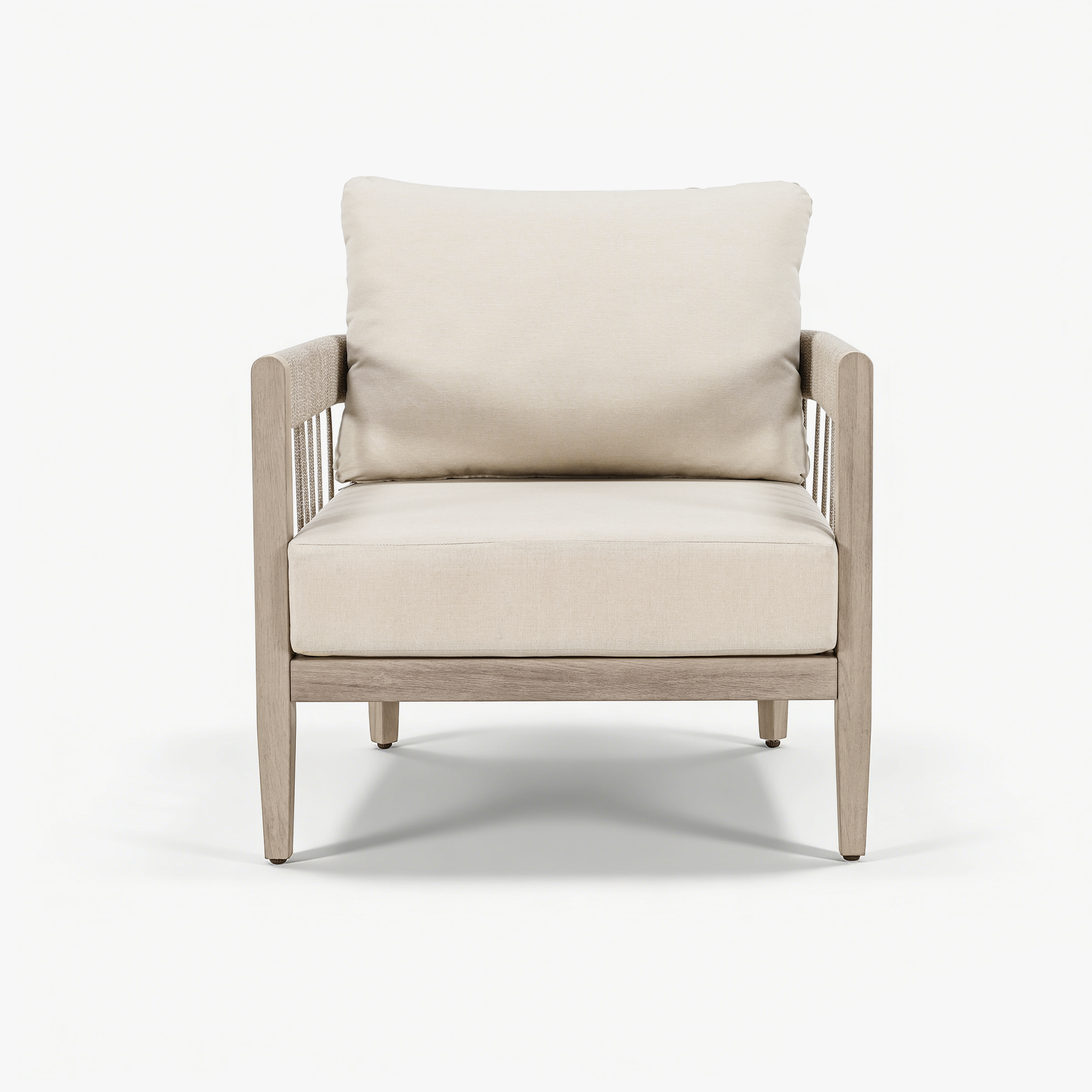 Beige cushioned outdoor sofa chair with faux wood grain frame on white background-Seehill