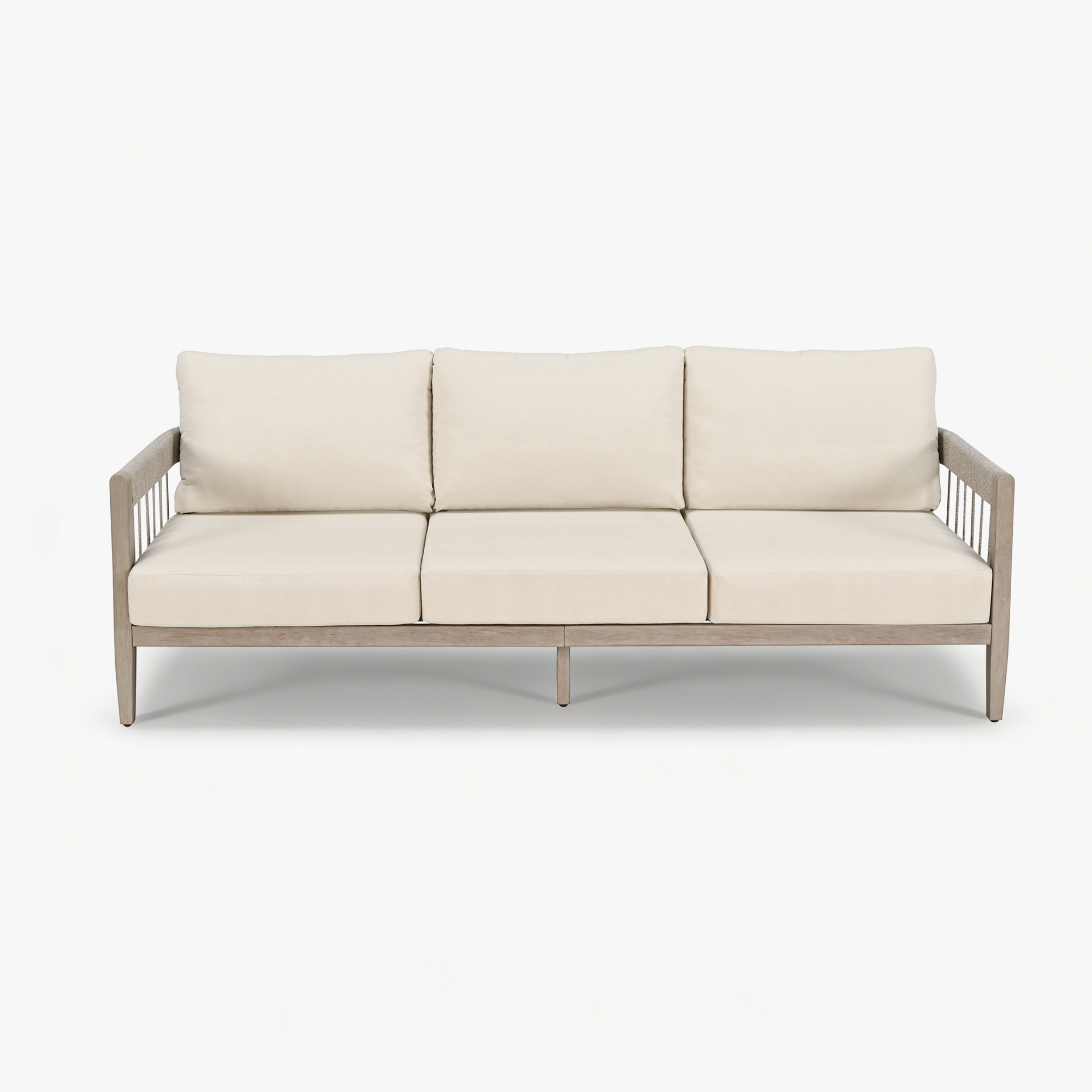 Three-seat outdoor patio sofa with beige cushions and faux wood grain frame-Seehill