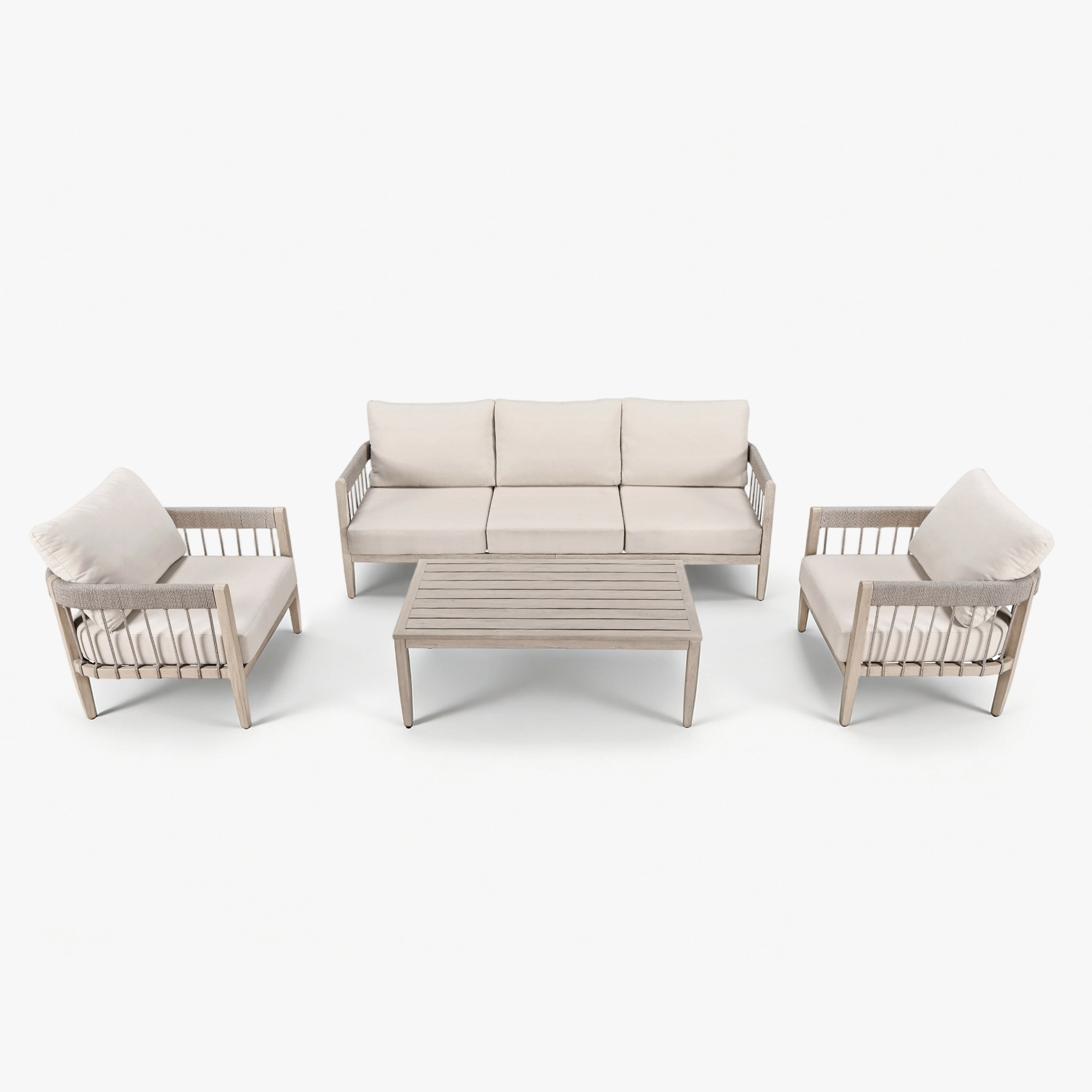Four-piece patio furniture set with beige cushions and faux wood grain finish showing armres-Seehill