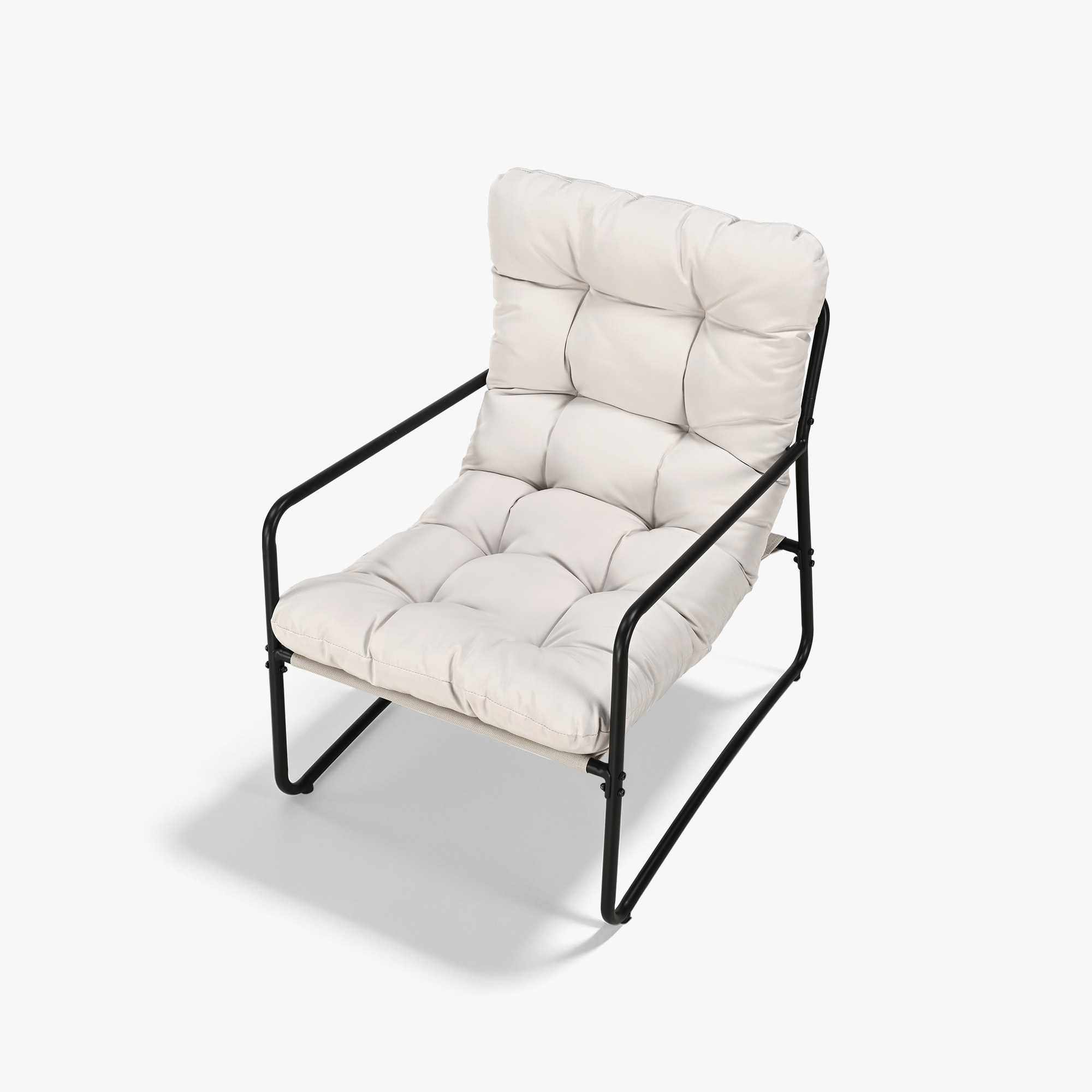 Modern patio rocking chair with black metal frame and tufted white cushions -Seehill