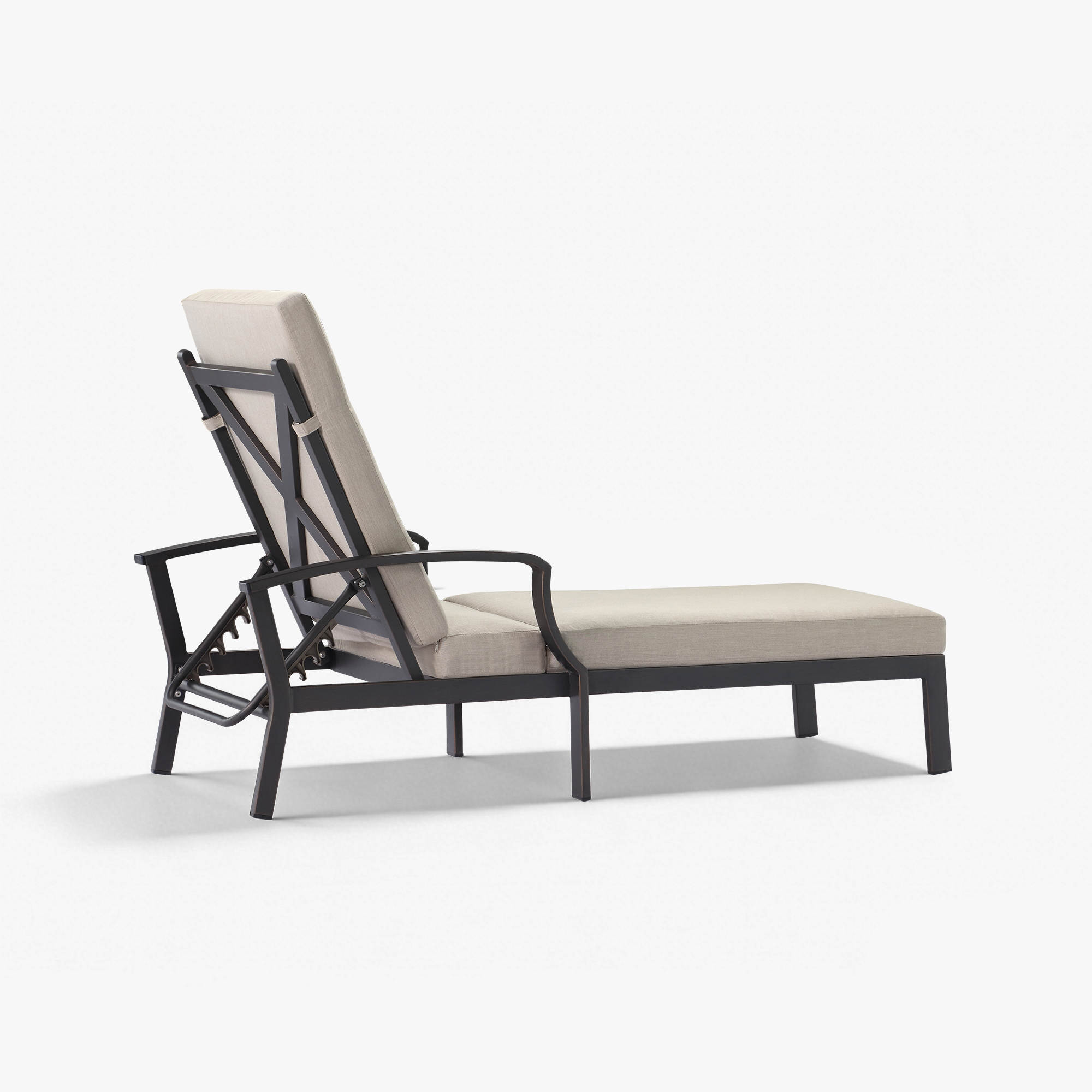 Outdoor lounge chair with adjustable backrest and beige cushion on metal frame-Seehill