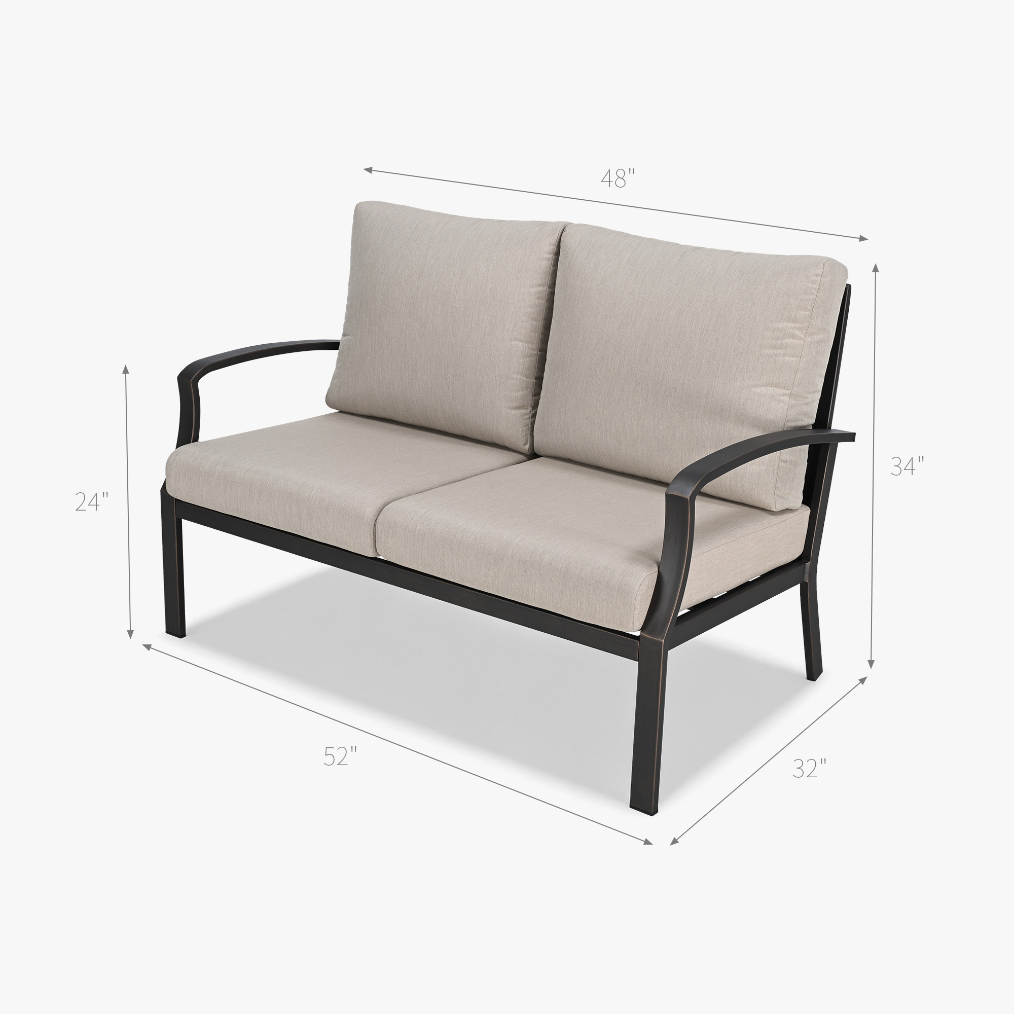 Outdoor loveseat sofa with beige cushions and dark metal frame on white background-Seehill