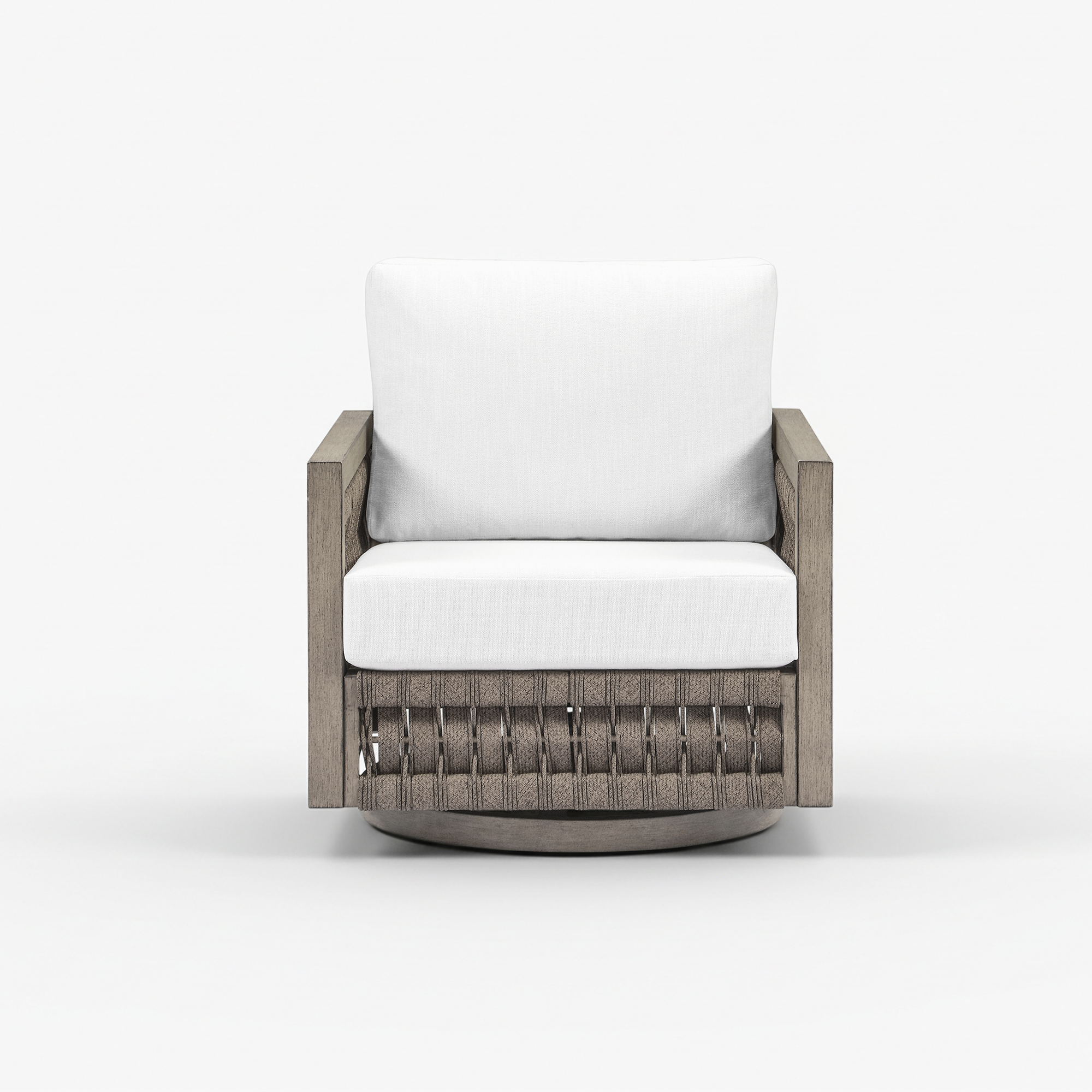 An artistic Oversize Rope Weave Outdoor Swivel Sofa design with a modern outdoor swivel chair. - Seehill