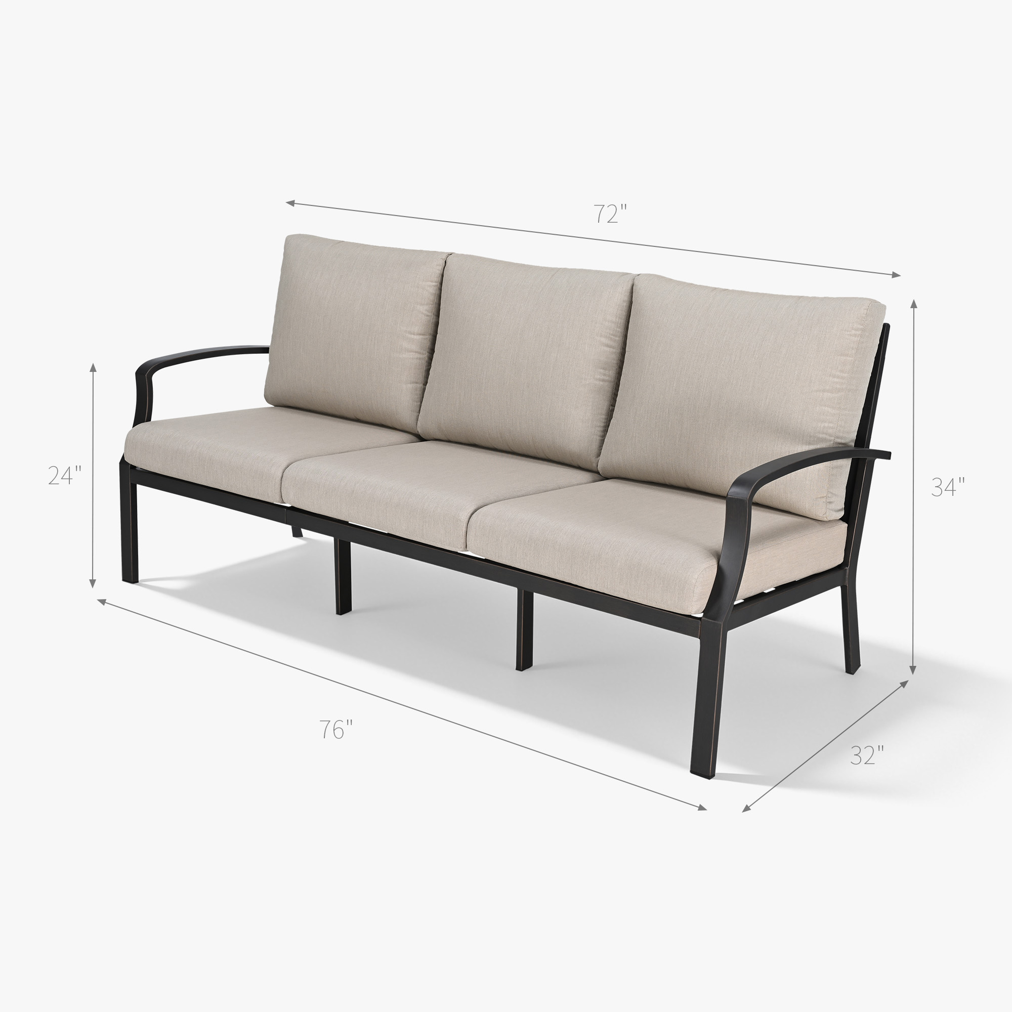 Three-seater outdoor patio sofa with beige cushions and black metal frame on white backgroun-Seehill