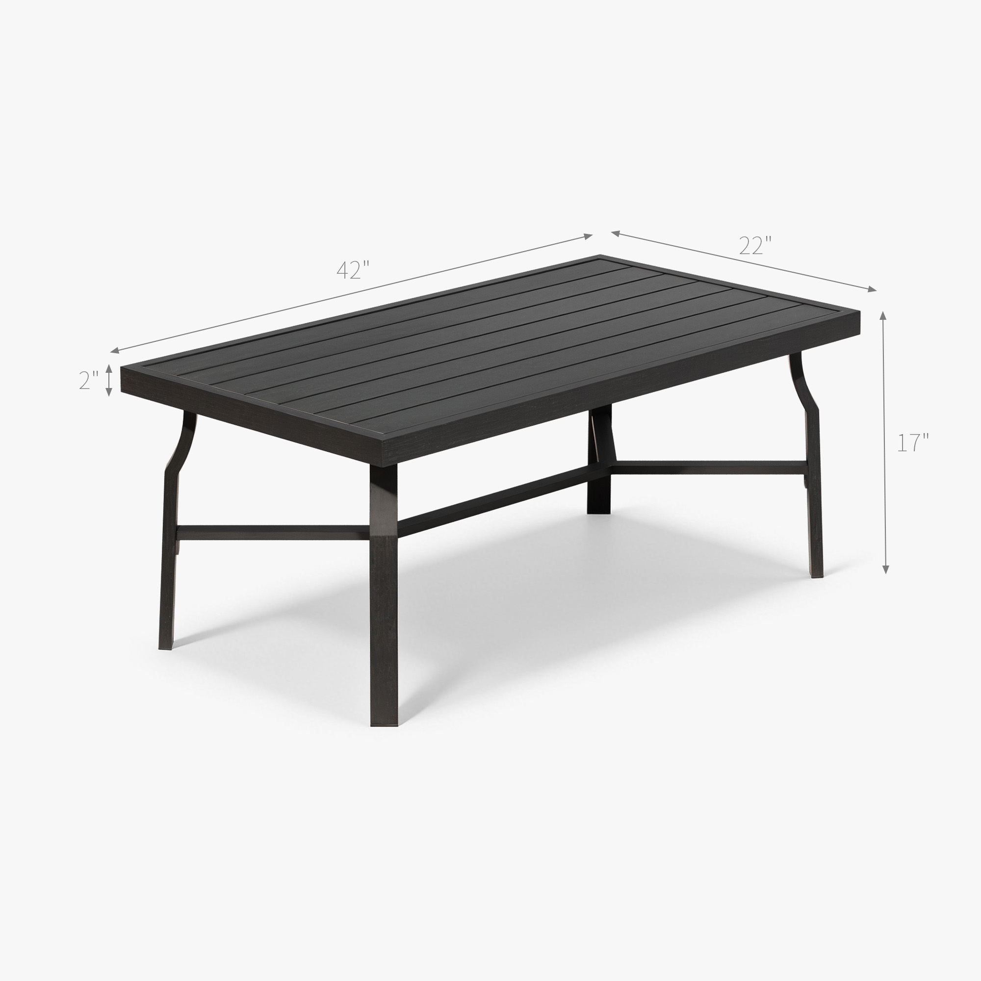 Black metal outdoor coffee table with slatted top and sturdy legs on white background-Seehill