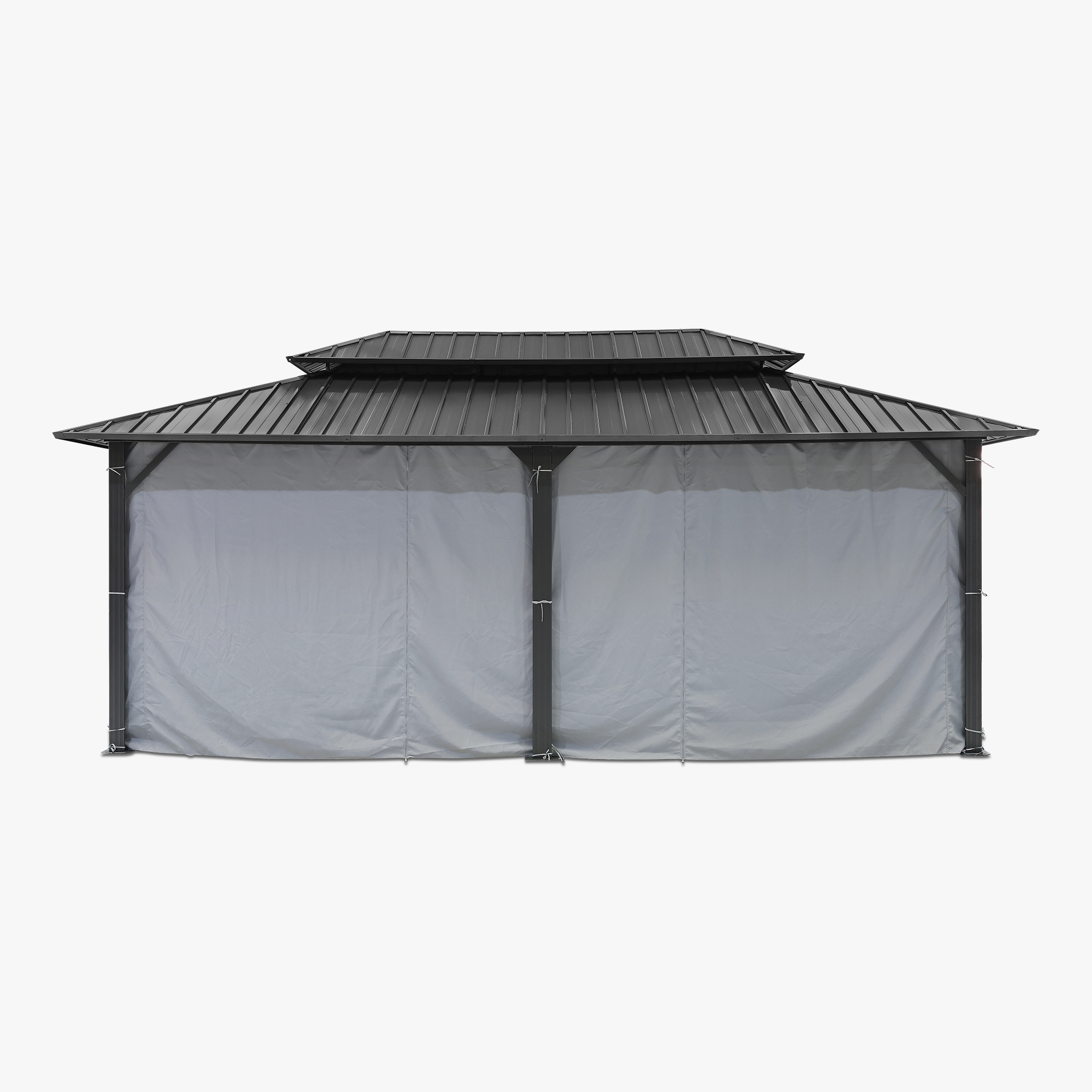 Outdoor patio hardtop gazebo with dark metal frame and gray side curtains-Seehill