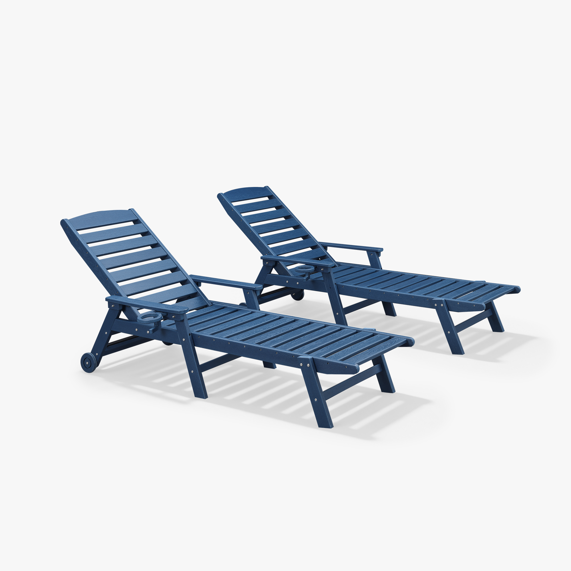 Two-piece navy blue adjustable outdoor lounge chairs with cup holders on white background hi-Seehill