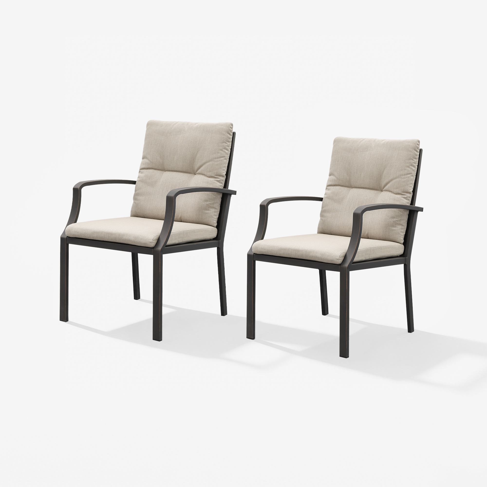 Two patio outdoor dining chairs with dark metal frames and beige washable cushions-Seehill