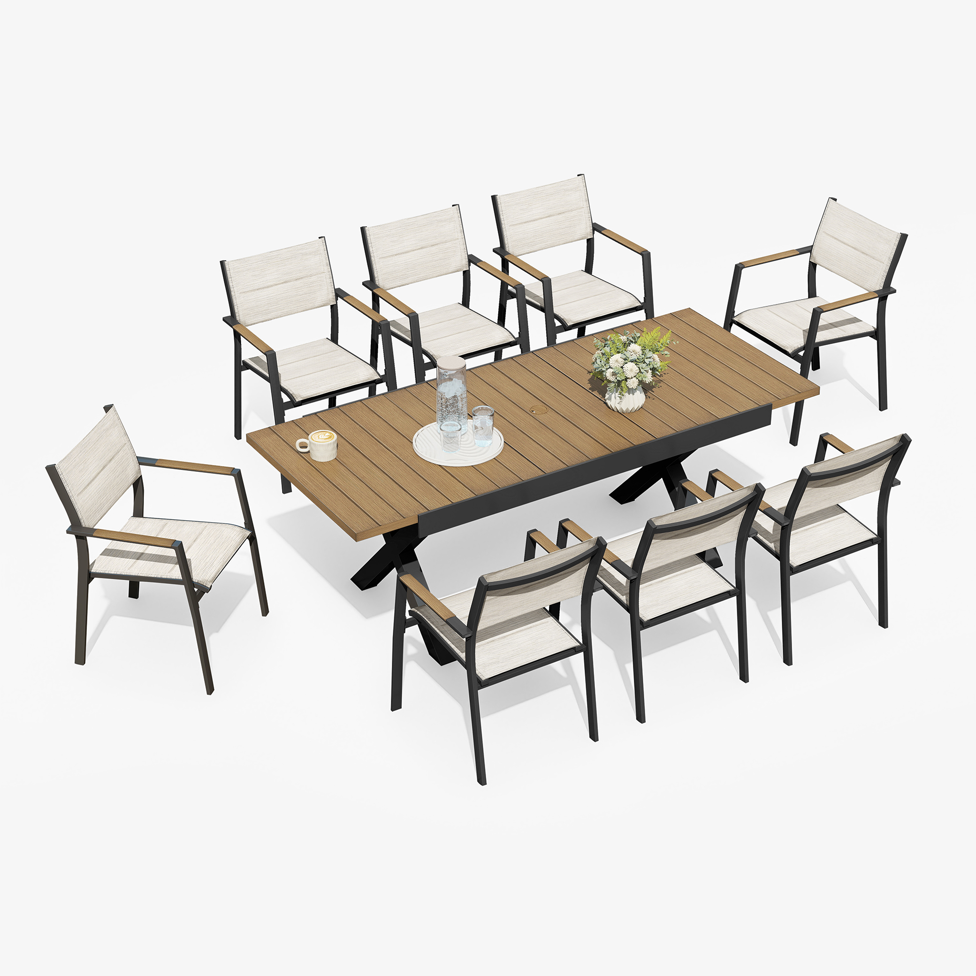Expandable outdoor dining table with stackable cushioned chairs in neutral tones-Seehill