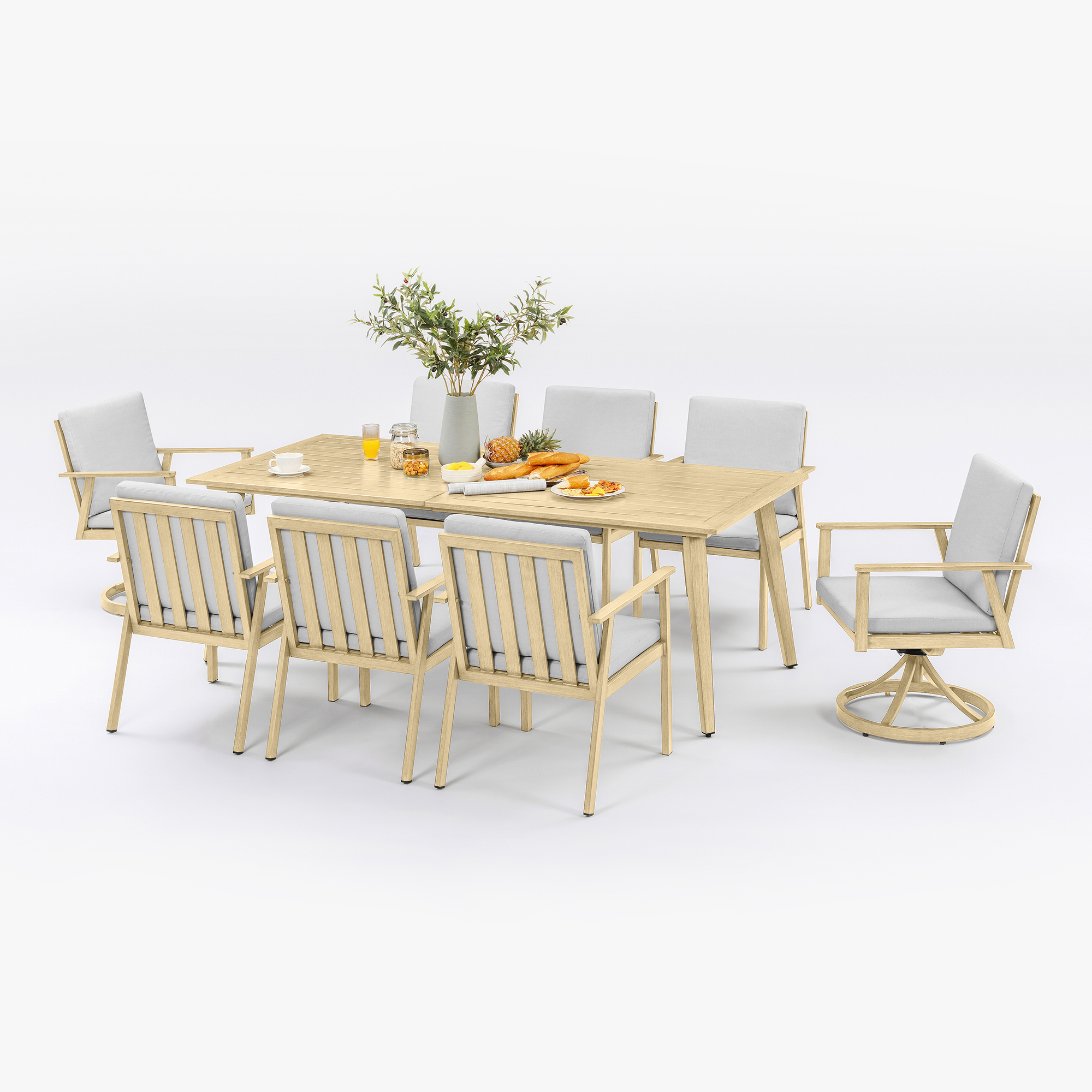 This graceful outdoor patio dining set is made of all-weather aluminum furniture and includes an umbrella hole. - Seehill
